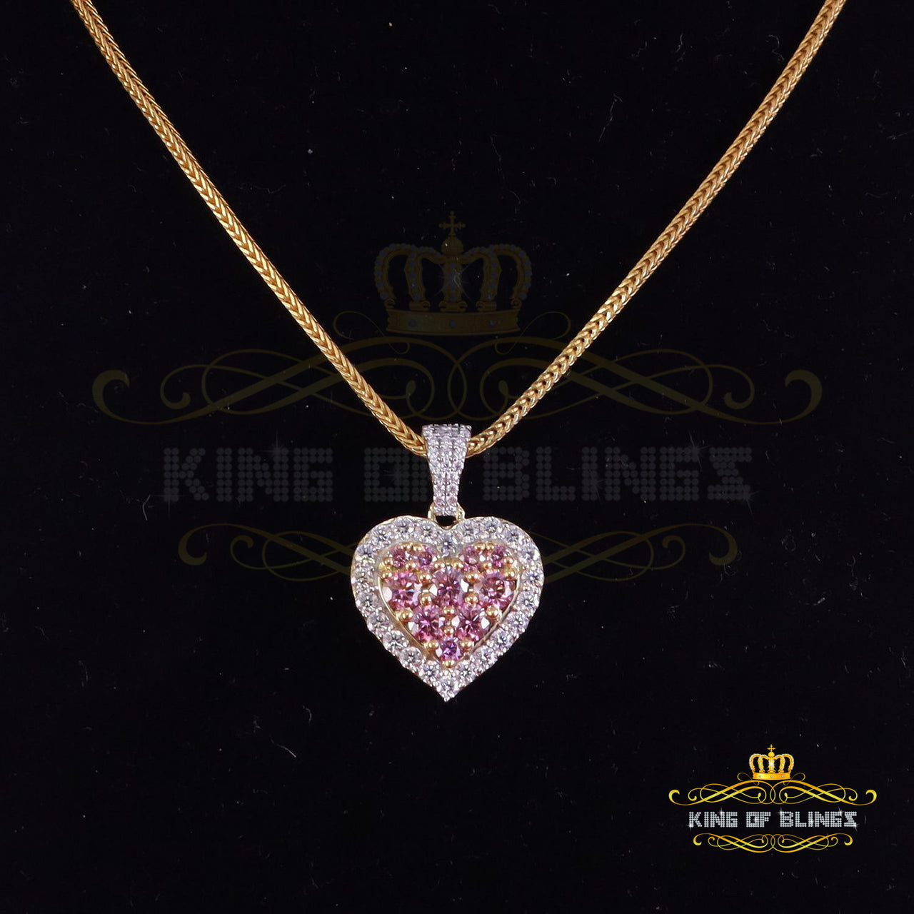 King Of Bling's Mens/Women's 925 Silver Yellow 3.00ct VVS D Pink Moissanite Heart Shaped Pendant