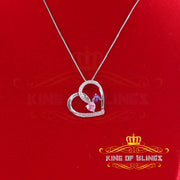 King Of Bling's Two Stones Pink Blue Heart Solitaire 0.1ct Silver Diamonds White Charm Pendant KING OF BLINGS