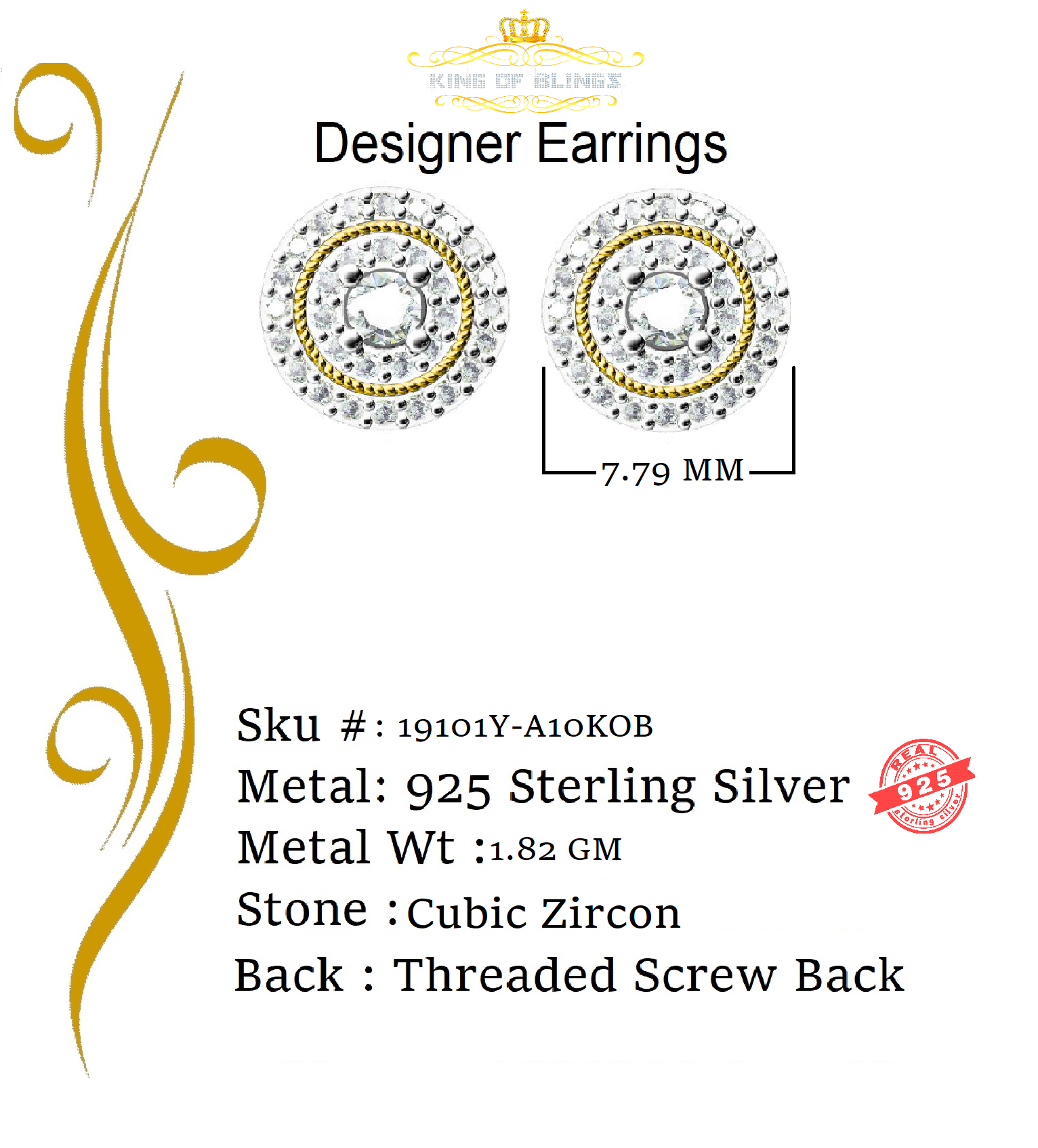 King of Bling's Yellow Sterling Silver 0.78ct Cubic Zirconia Ladies 925 Hip Hop Round Earrings KING OF BLINGS