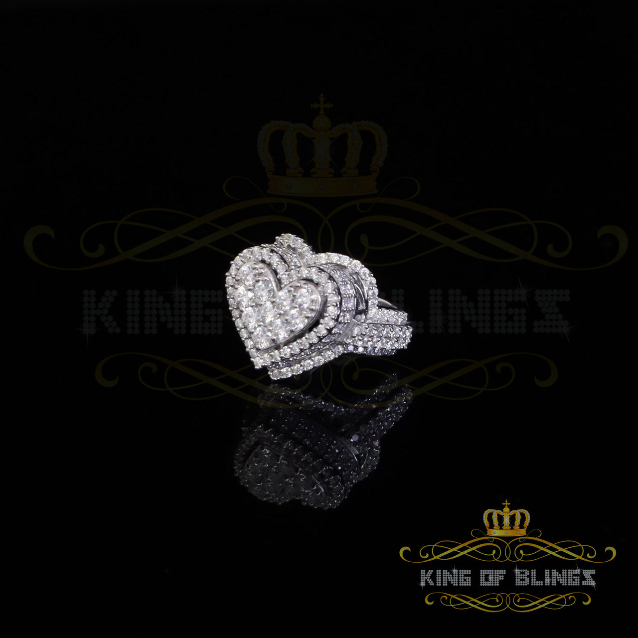 King of Bling's 5.00ct VVS 'D' 925 Silver 3D Double Heart Moissanite Women's White Ring Sz 8
