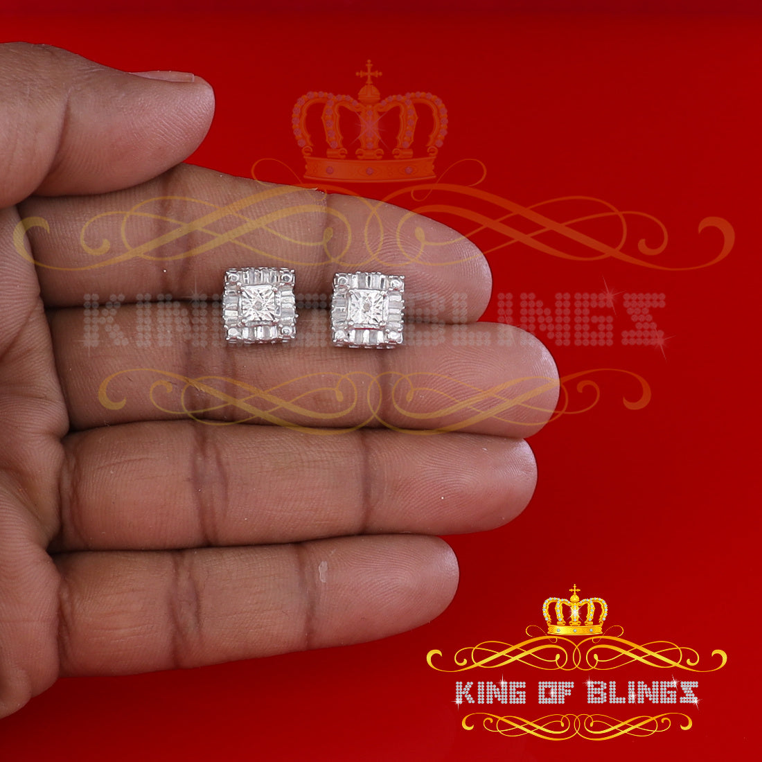 King Of Bling's Aretes Para Hombre White 925 Silver 0.20ct Diamond Men & Women Square Earrings