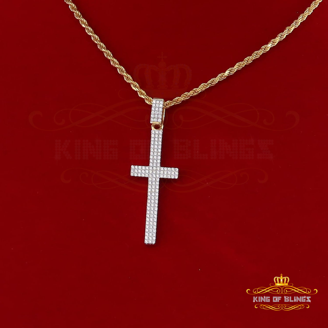 King of Bling's Yellow Sterling Silver Cross Pendant with 1.41ct Cubic Zirconia
