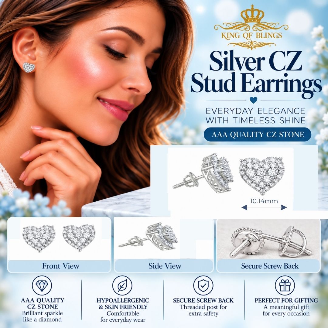 King of Bling's 1.18ct Cubic Zirconia 925 White Sterling Silver Women's Hip Hop Heart Earrings KING OF BLINGS