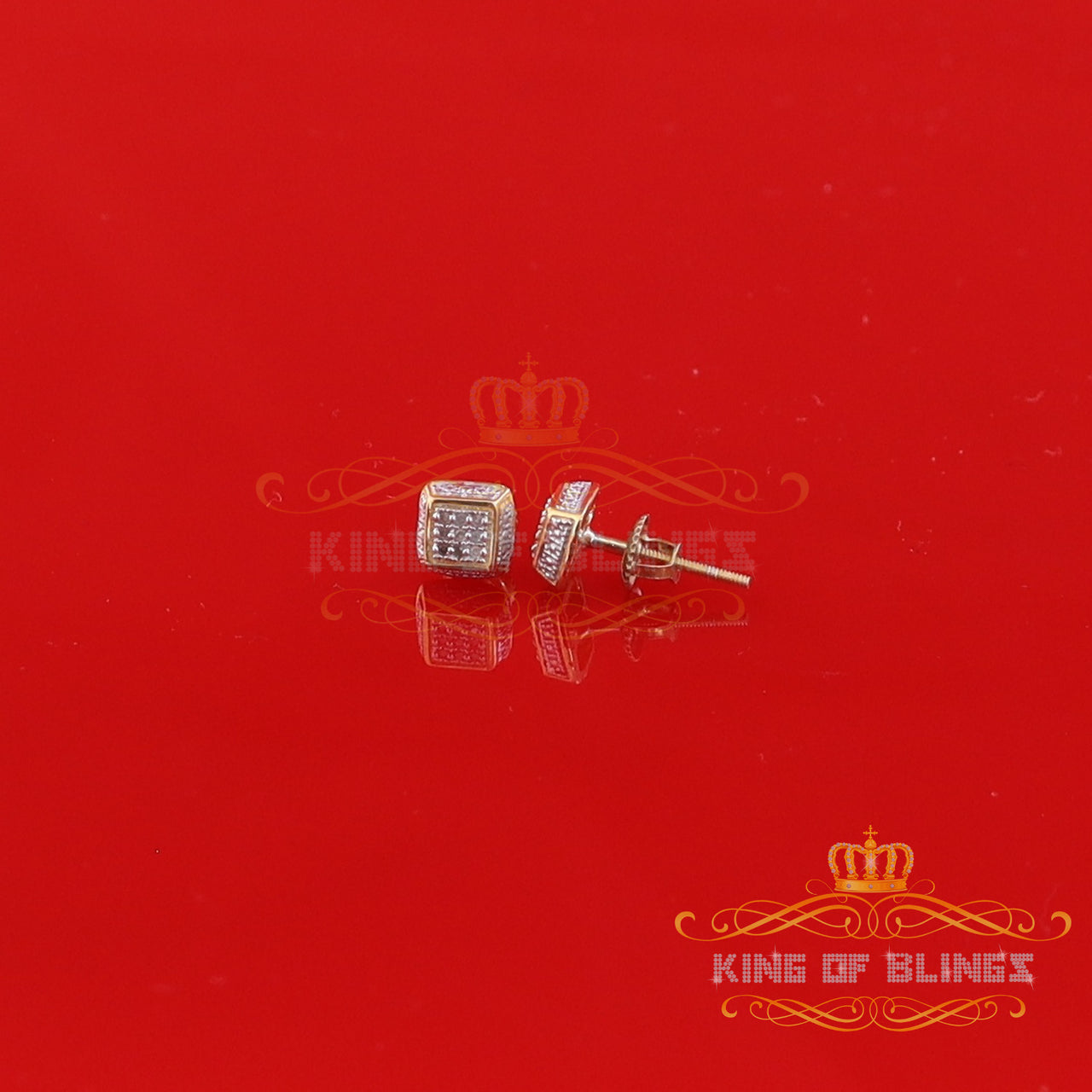 King of Blings-0.05ct Diamond Square Earrings For Women Yellow 925 Sterling Silver Stud For Men