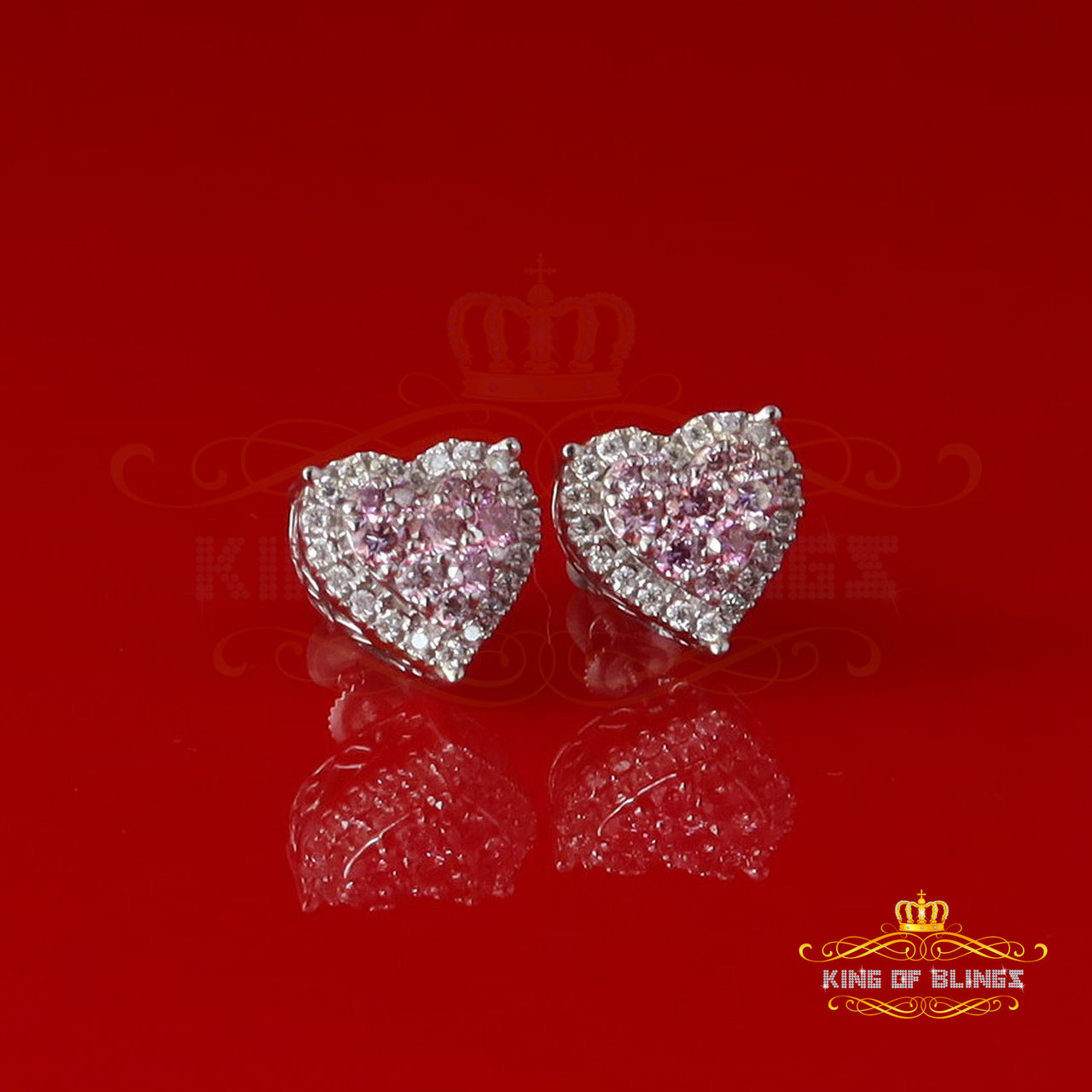 King of Bling's New Men's/Women's 1.25ct VVS 'D' Pink Moissanite 925 Silver White HEART Earrings