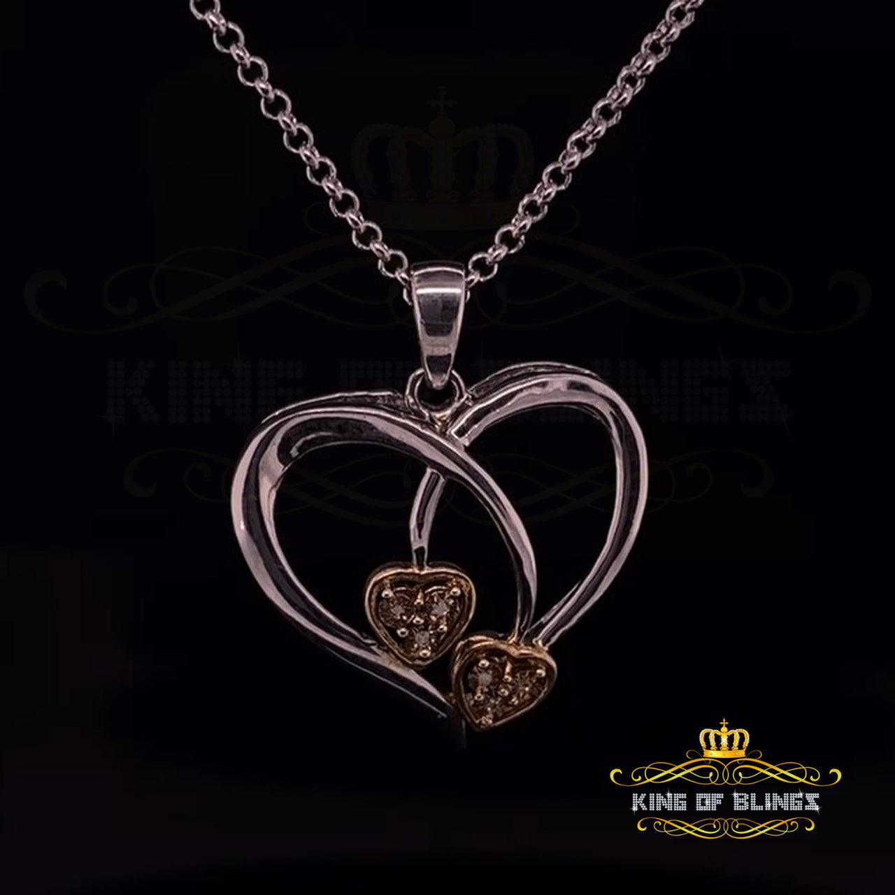 King Of Bling's 0.03CT Real Diamond Double HEART Sterling Silver with White Charm Necklace Pendant KING OF BLINGS