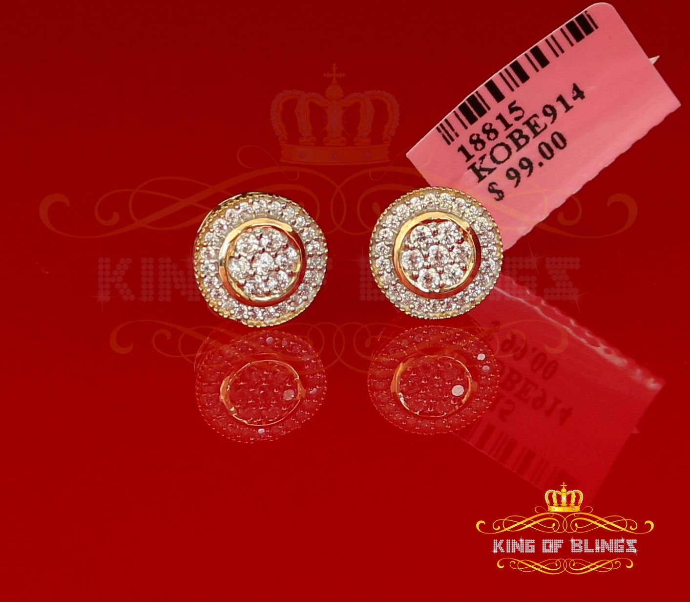 King of Bling's Aretes Para Hombre 925 Yellow Silver 1.59ct Cubic Zirconia Round Women's Earring KING OF BLINGS