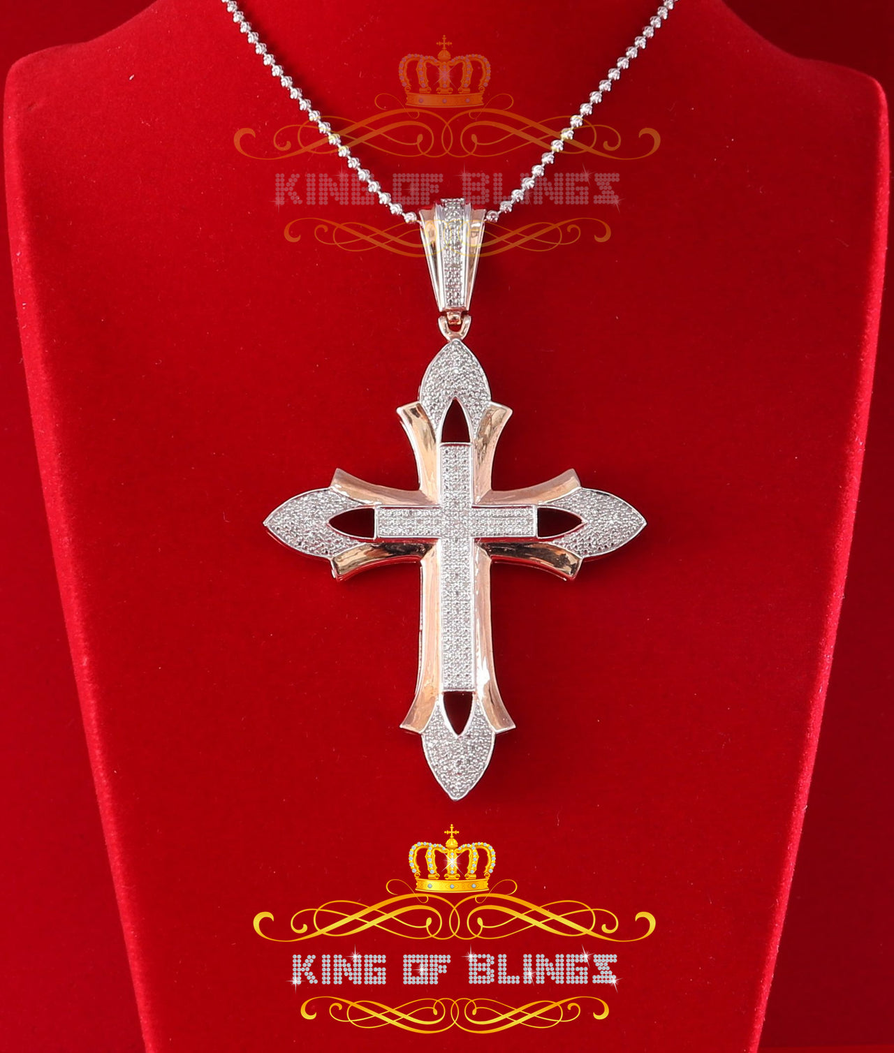 King of bling's Sterling Silver Rose Gold 0.50CT Real Diamond CROSS Charm Necklace Rose Pendant