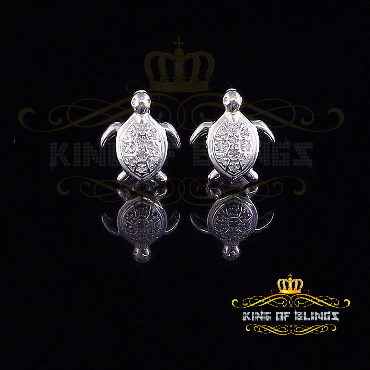 King Of Bling's 925 Sterling White Silver 0.10ct Diamond Turtle Earrings For Women's & Men's
