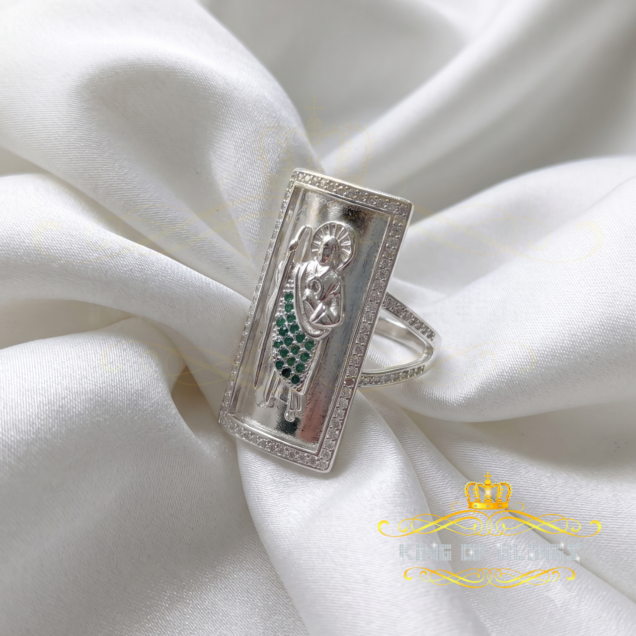 King Of Bling's925 Sterling Silver St. Jude Green CZ White Religious Women's Ring Size 8.5