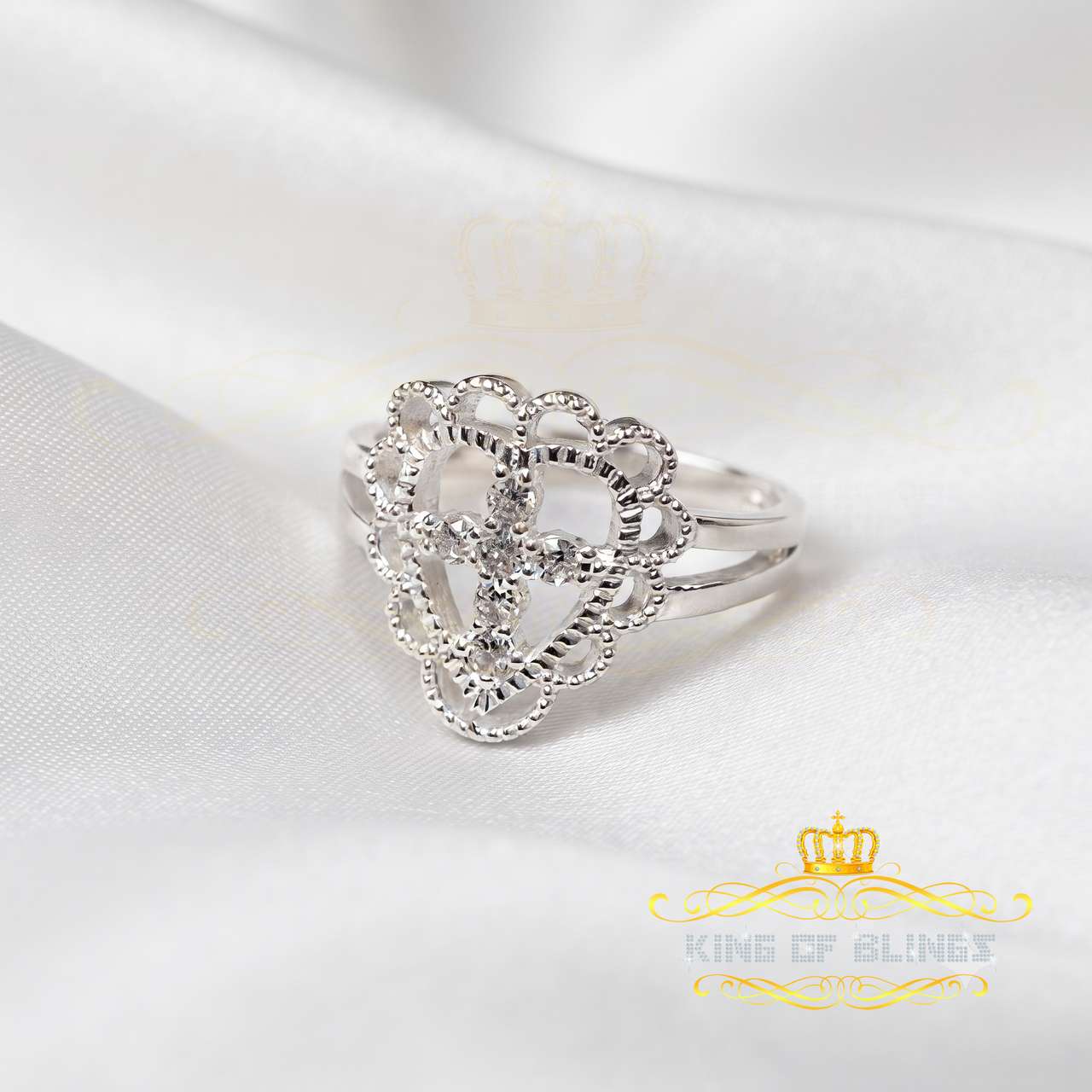 King Of Bling'sReligious White 925 Sterling Silver Cross in Heart CZ Women's Ring Size 9