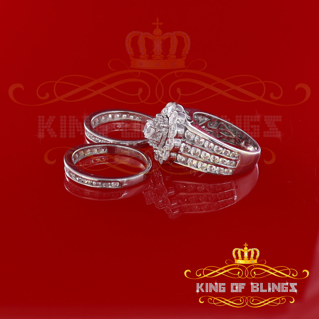 King Of Bling'sWhite Silver Round 7.50ct CZ Flower 7 stone Double Bridal Womens Ring Size 7 KING OF BLINGS
