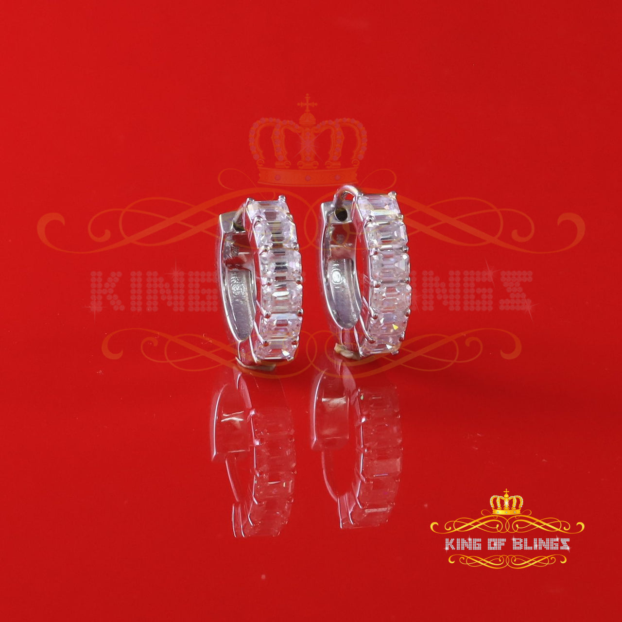King of Bling's 3.00ct Moissanite Emerald White 925 Sterling Silver Women's Hoop Earrings