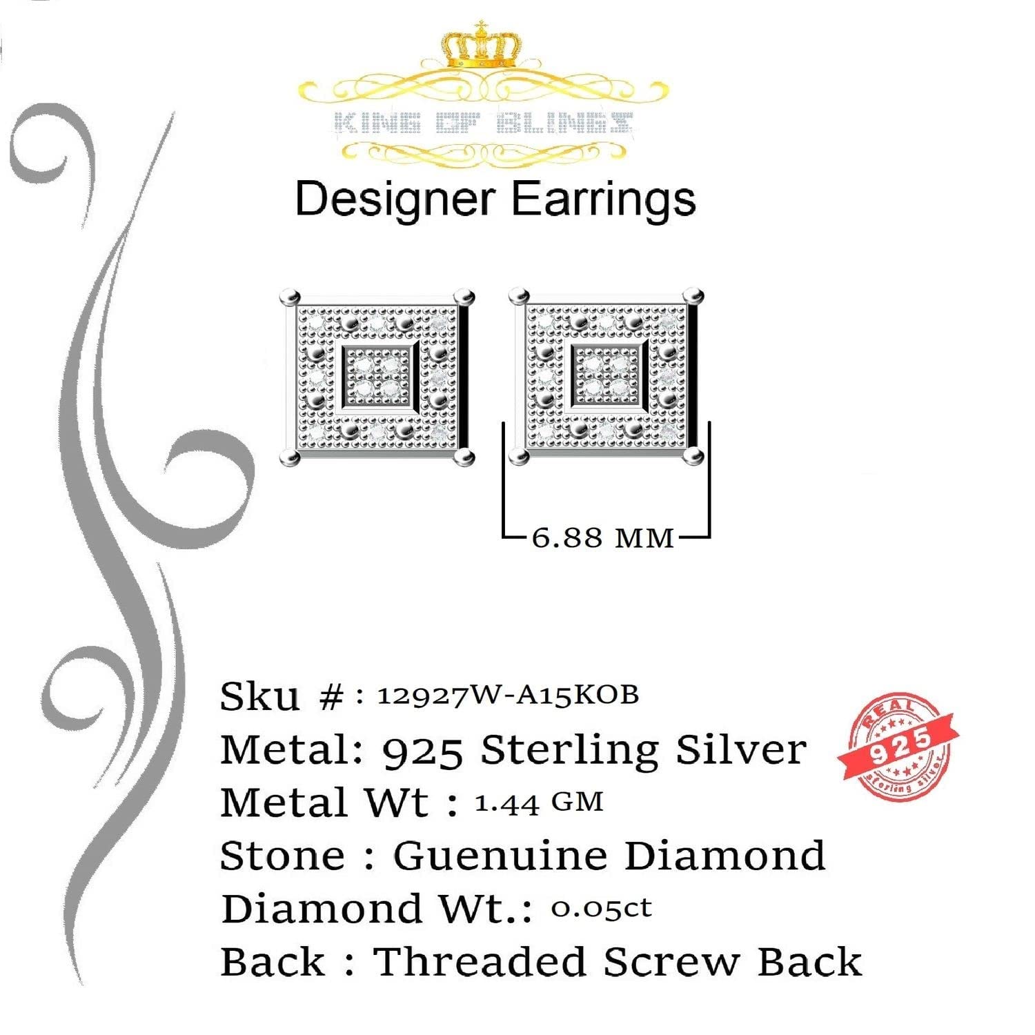 King Of Bling's 0.05ct Diamond 925 Sterling Silver White Stud Women's & Men's Square Earrings KING OF BLINGS