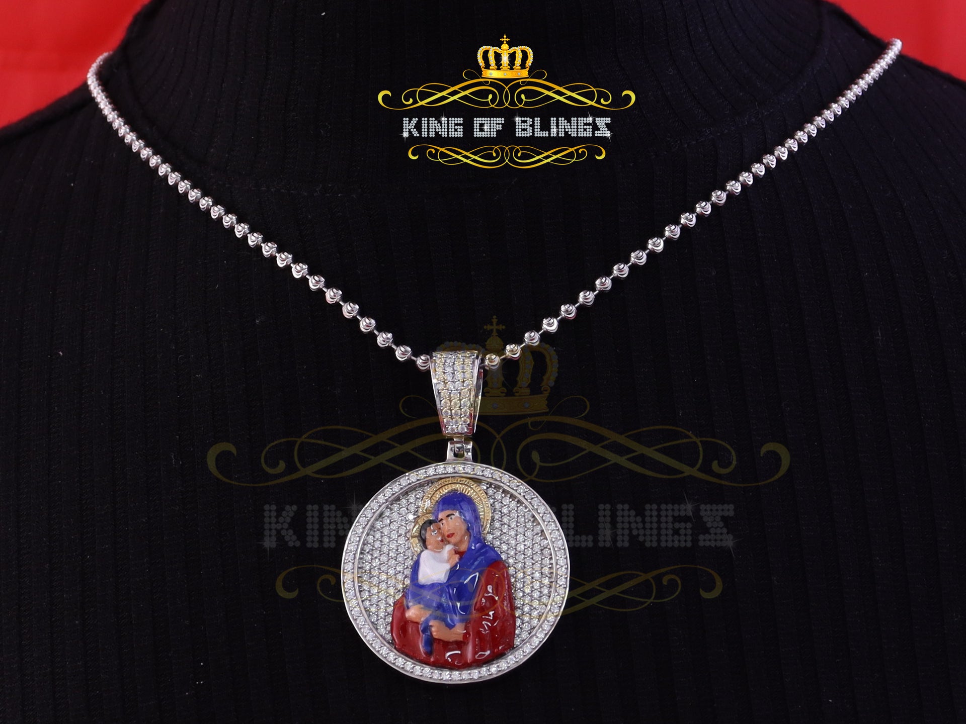 King Of Bling's 5.00ct Moissanite White 925 Silver Jesus & Mother Marry Round 1.50 inch Pendant KING OF BLINGS