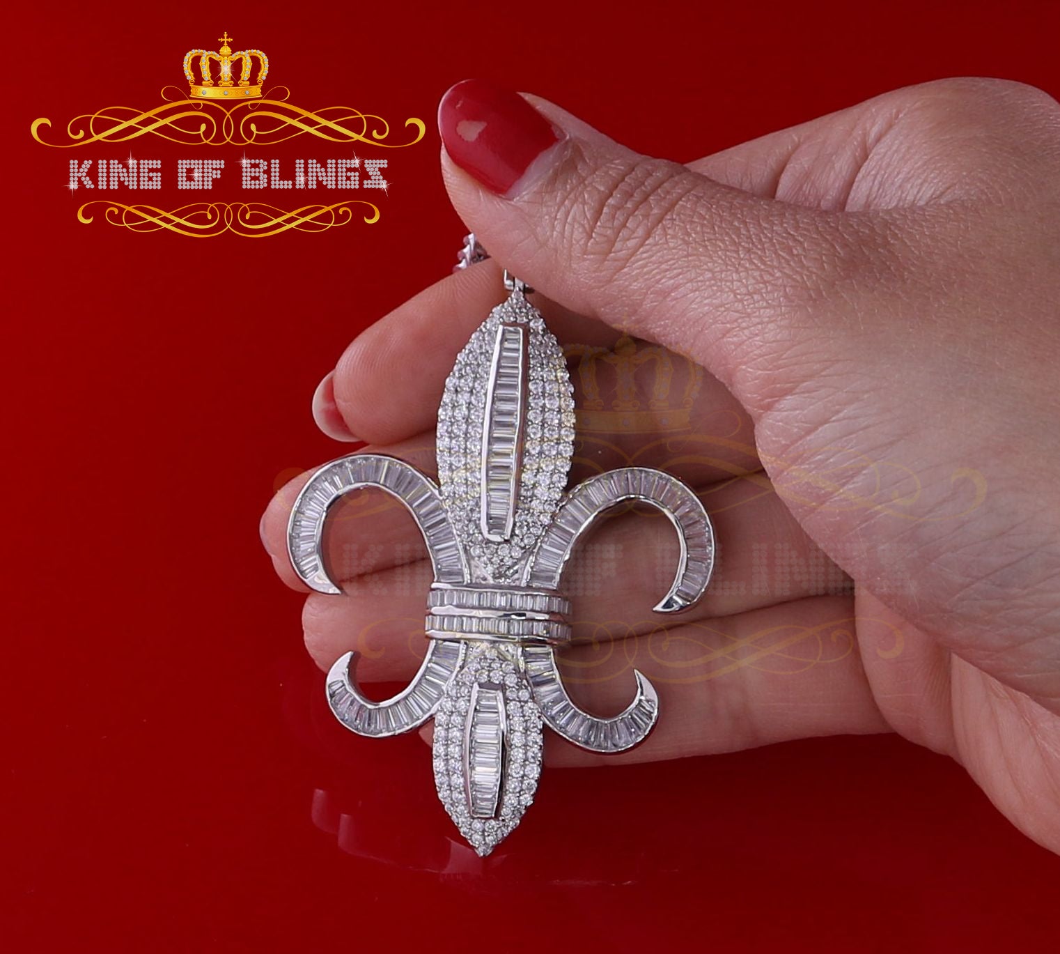 King Of Bling's White Sterling Silver Fleur de Lis wise Shape Pendant with15.62ct Cubic Zirconia KING OF BLINGS