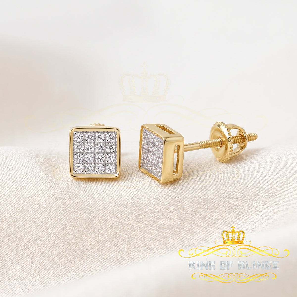 King Of Bling's 925 Yellow Sterling Silver 0.15ct Diamond For Women's & Men's Square Earrings KING OF BLINGS