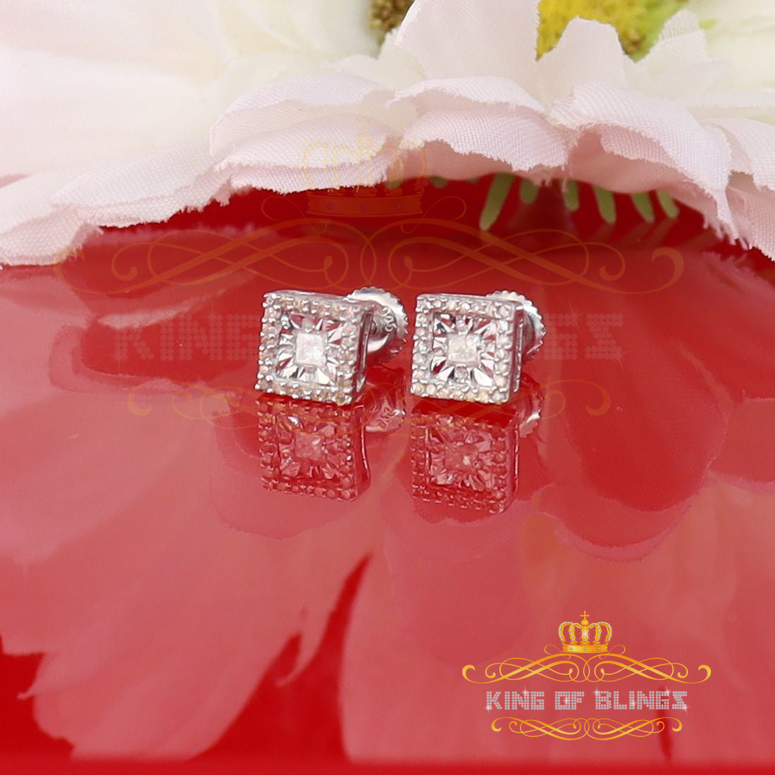 King Of Bling's Aretes Para Hombre 925 White Silver 0.20ct Diamond Women's Square Earrings