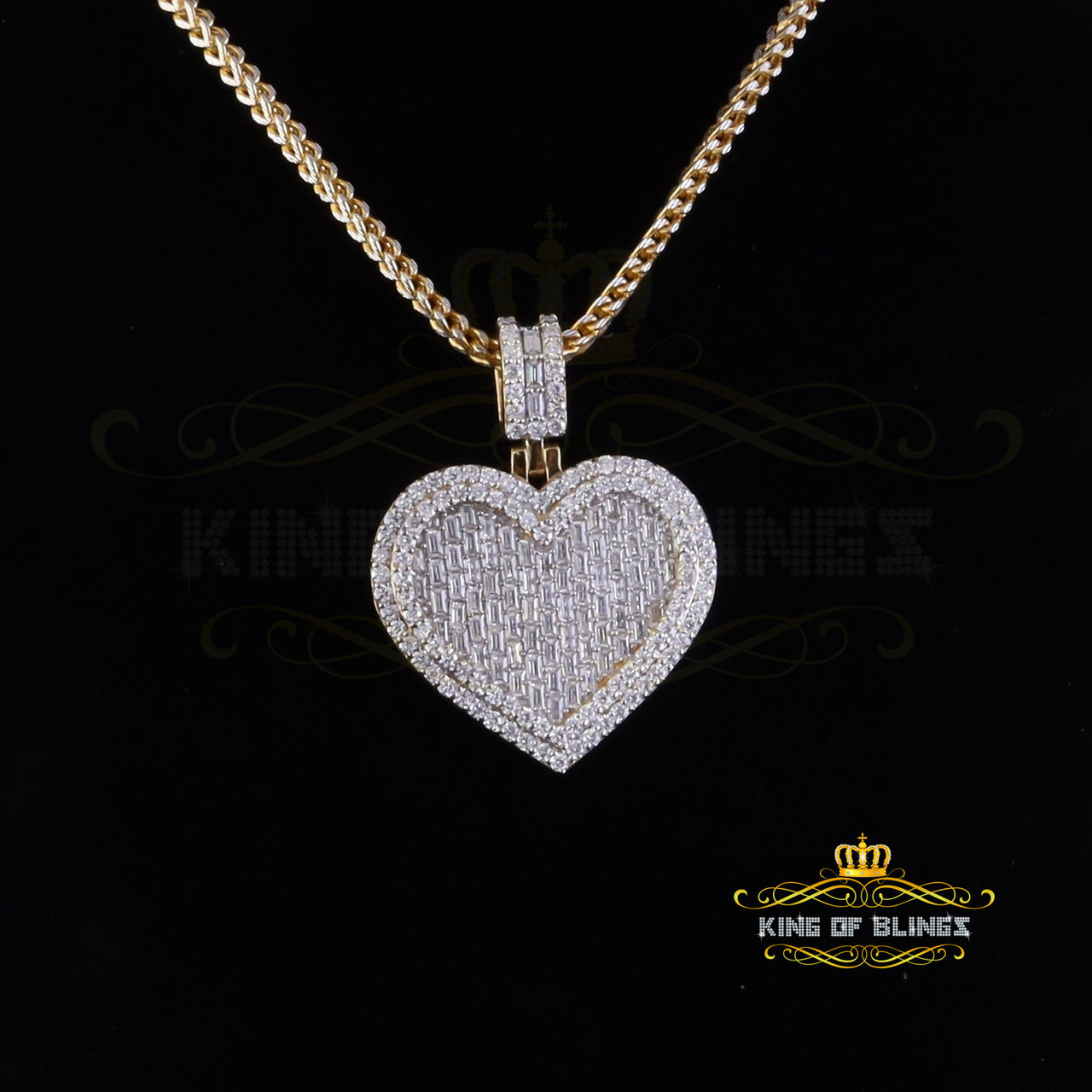 King Of Bling's 925 Silver Yellow Baguette Heart Pendant 7.50ct VVS D Clr. Moissanite for He/She KING OF BLINGS
