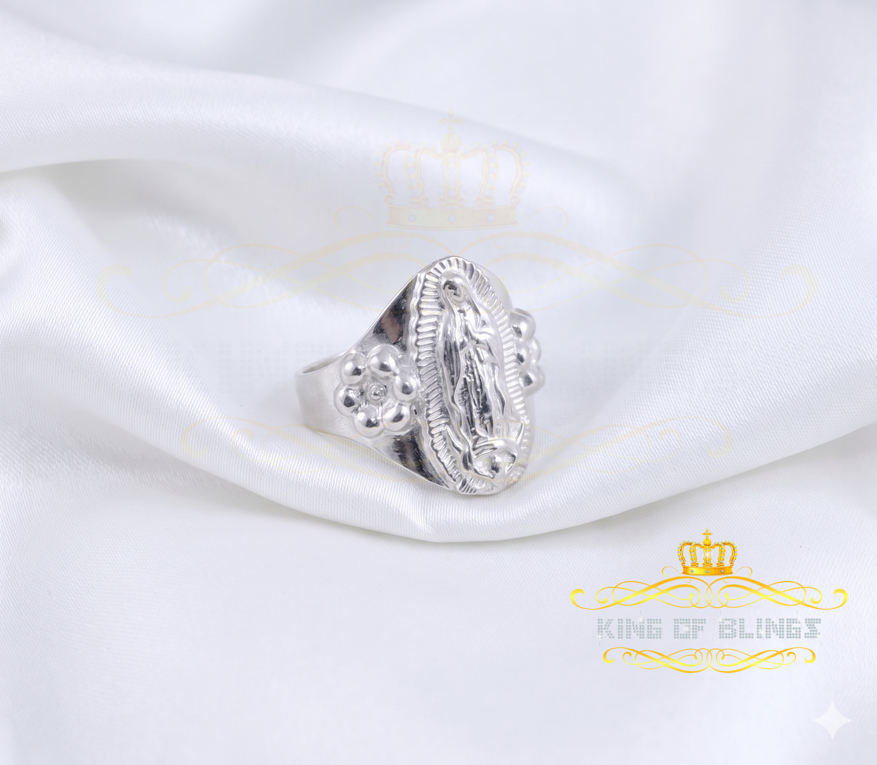 KING OF BLINGSReligious White 925 Silver Virgin Merry Portrait Guadalupe Band Women Ring SZ 8
