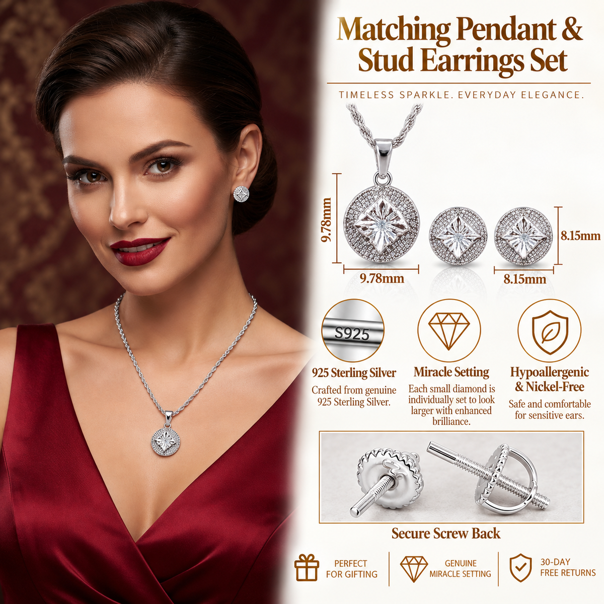 King of Bling's 925 White Silver 0.33 CTW Genuine Diamond Round Medallion Pendant & Earrings Set King of Blings