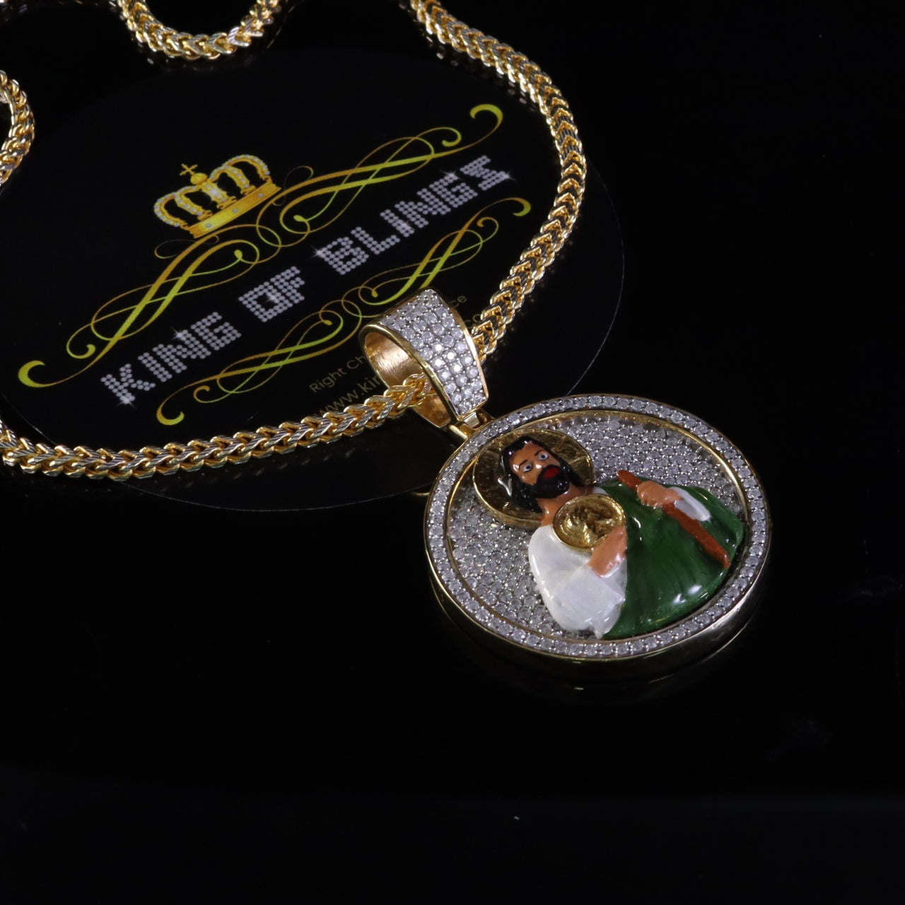 King Of Bling's Moissanite Vvs ' IF'D' 2.00CT Enamel 'SAINT JUDE' Yellow Circle Men's Pendant KING OF BLINGS