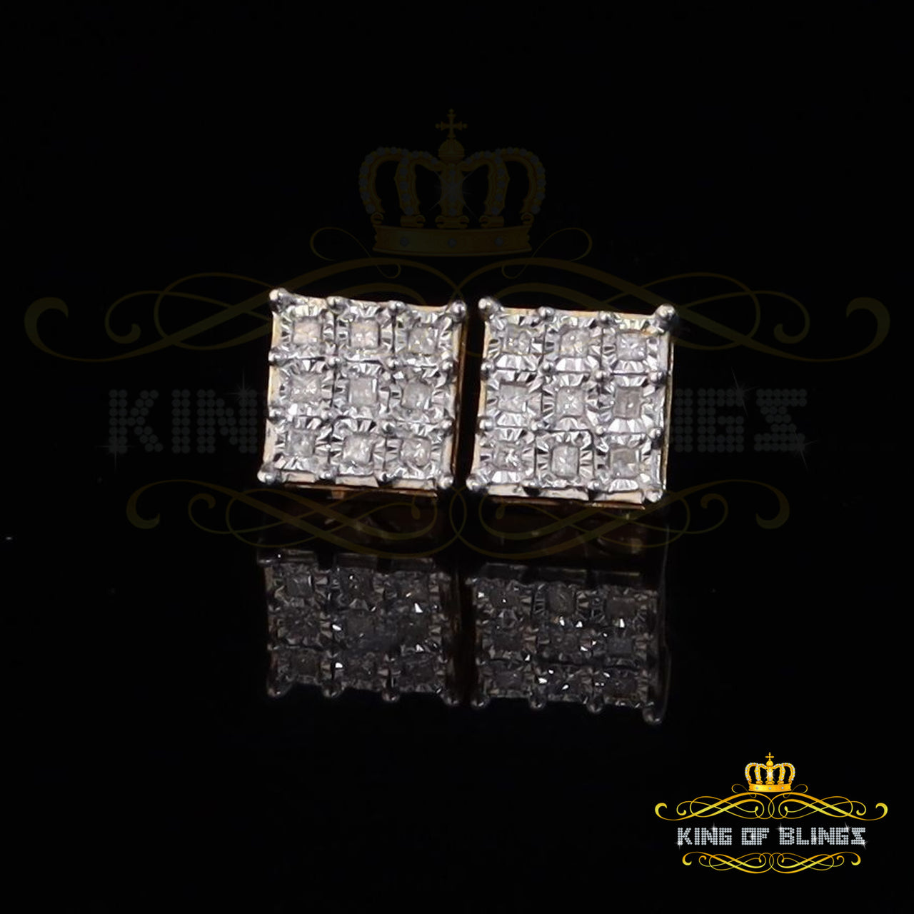 King Of Bling's 0.50ct Diamond 925 Sterling Silver Yellow For Men's / Women's Square Earrings
