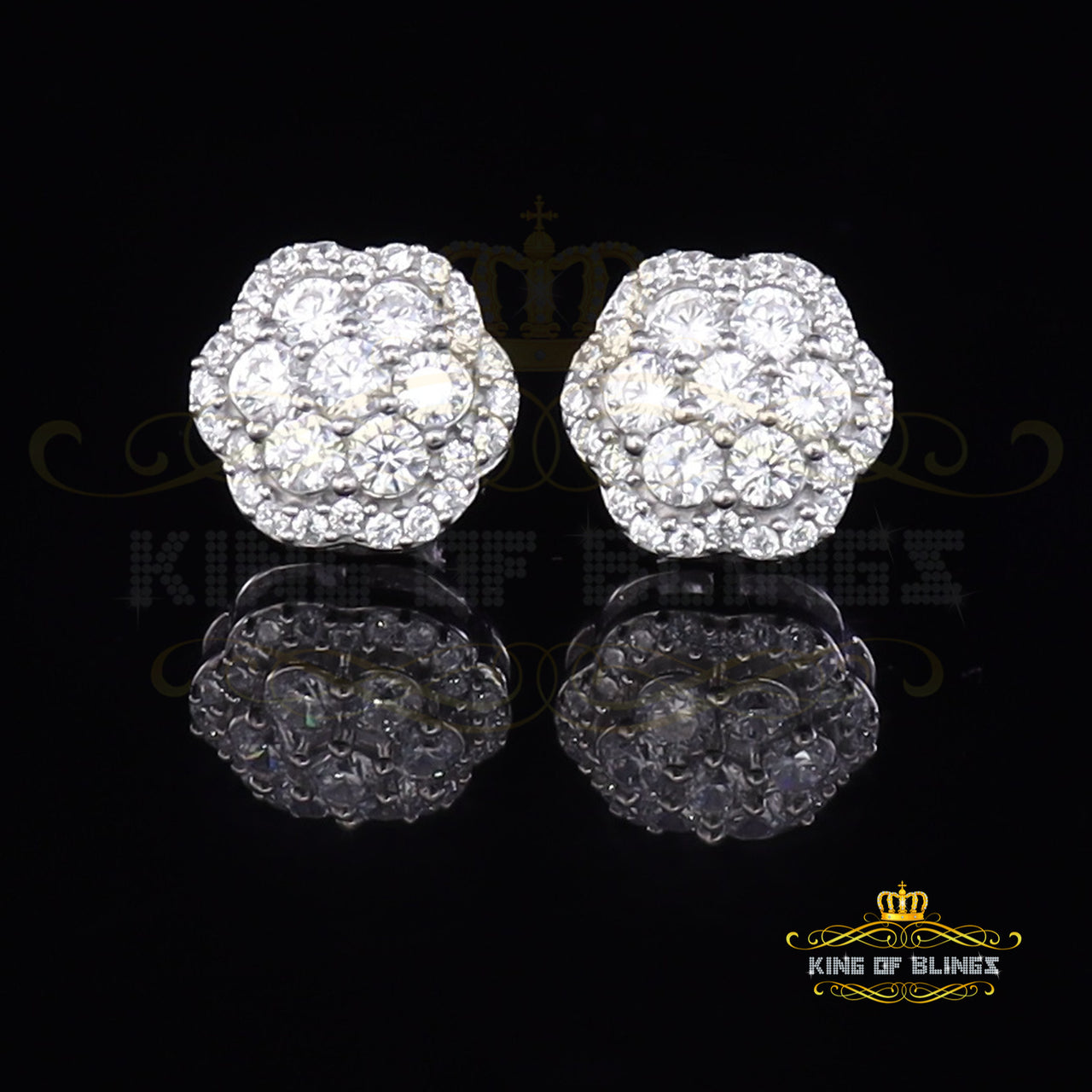 King of Blings- Aretes Para Hombre 925 White Silver 2.7ct Cubic Zirconia Flower Women's Earrings KING OF BLINGS