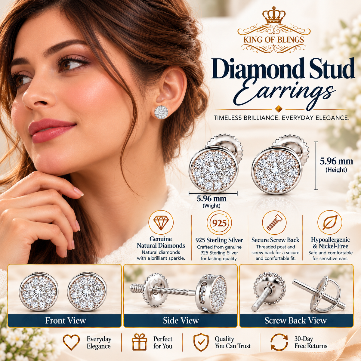 King Of Bling's 925 Sterling Silver 0.10ct Diamond For Women's & Men's White Stud Round Earring KING OF BLINGS