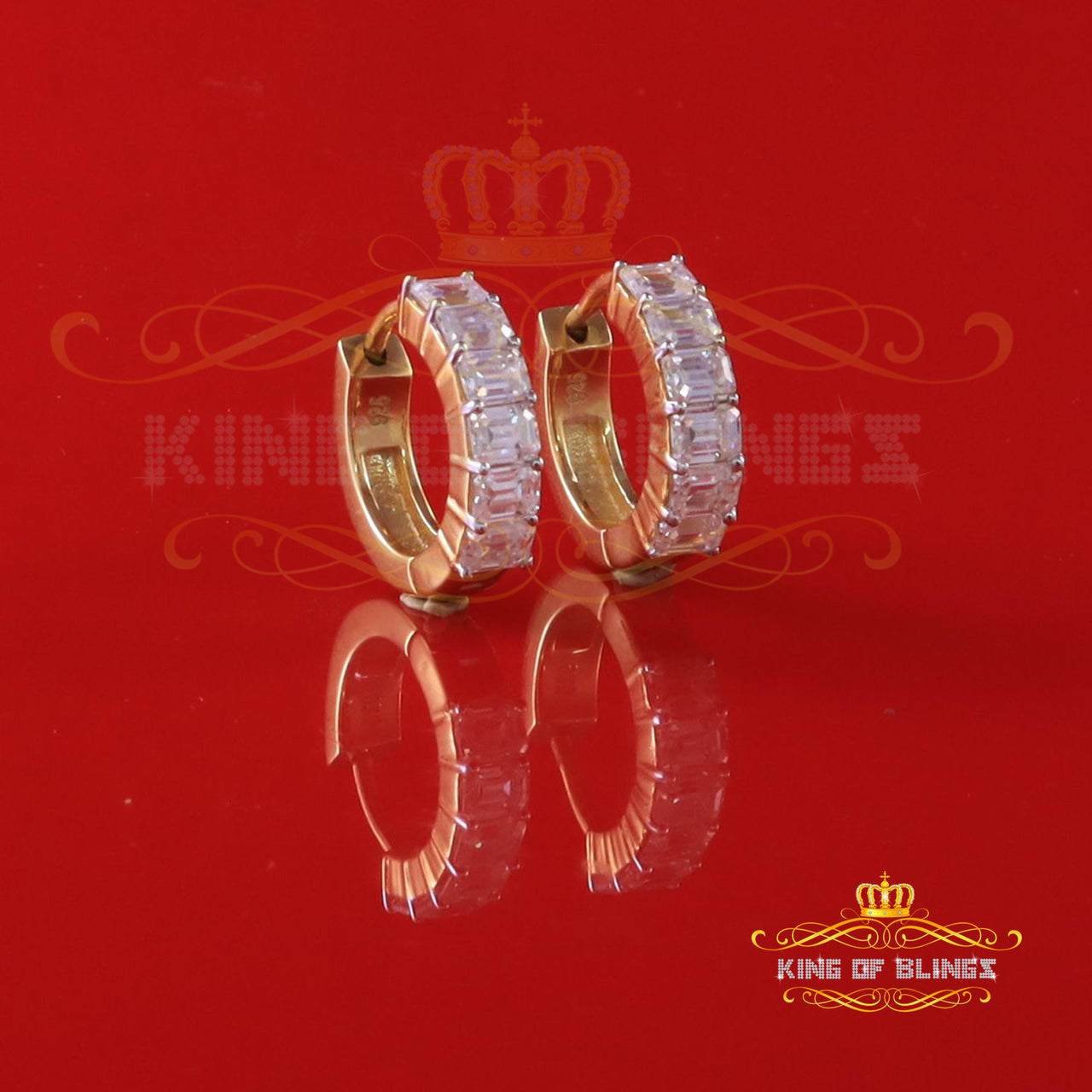 King  of Bling's 3.00ct Moissanite Emerald White 925 Sterling Silver Women's Hoop Earrings