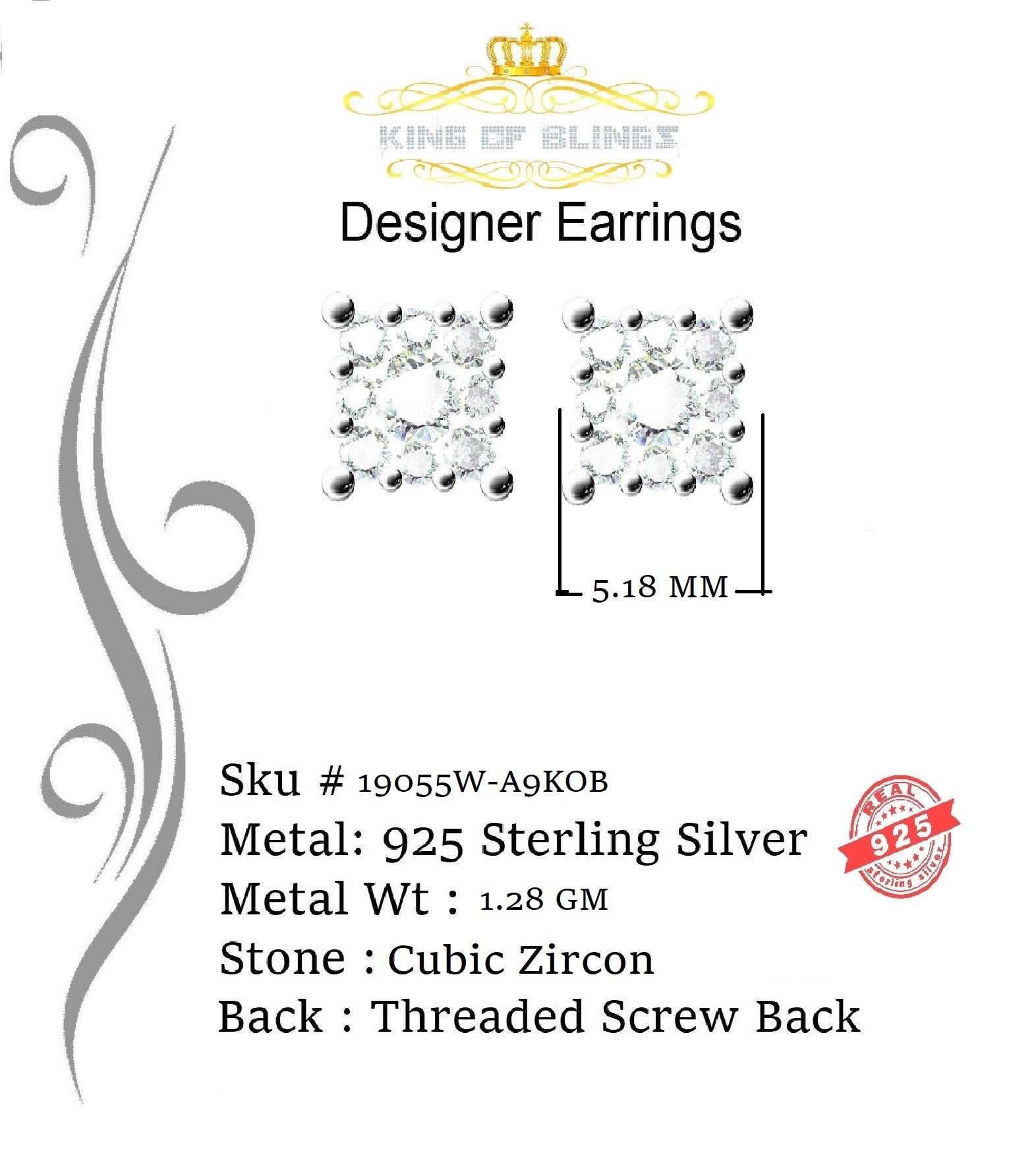 King of Bling's Hip Hop 925 White Silver Screw Back 0.6ct Cubic Zirconia Women's Square Earrings KING OF BLINGS