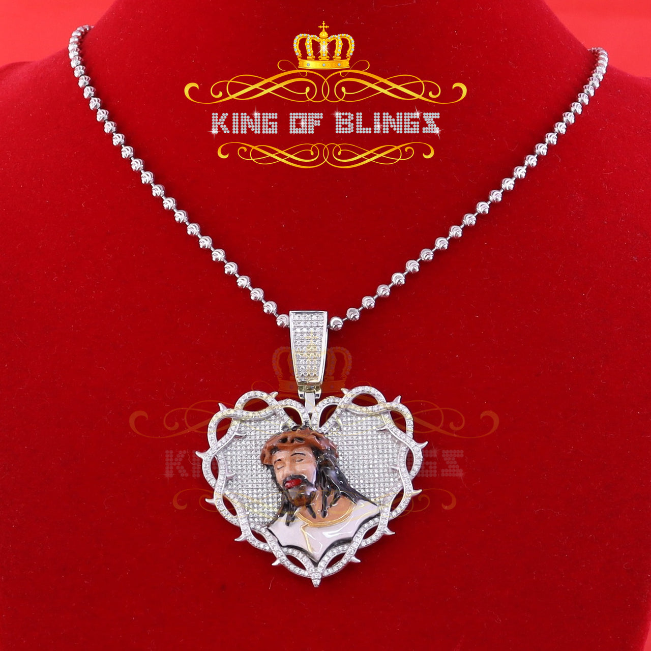 King Of Bling's 925 Sterling Silver Beautiful 2.00ct Moissanite White Heart Thorn Jesus Pendant KING OF BLINGS