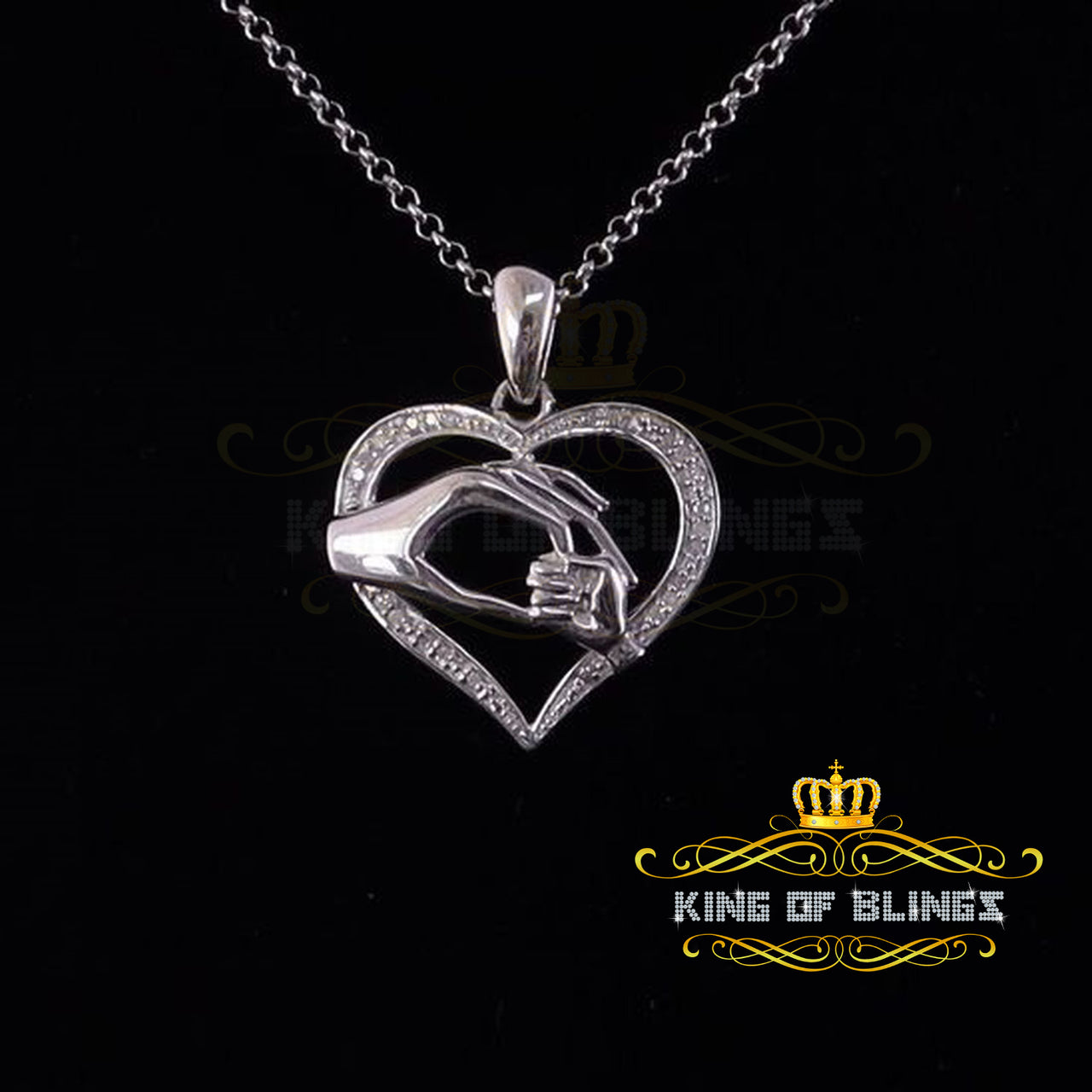 King Of Bling's Real 0.10CT Diamond Heart in MOM'S CARE Sterling Silver White Necklace Pendant
