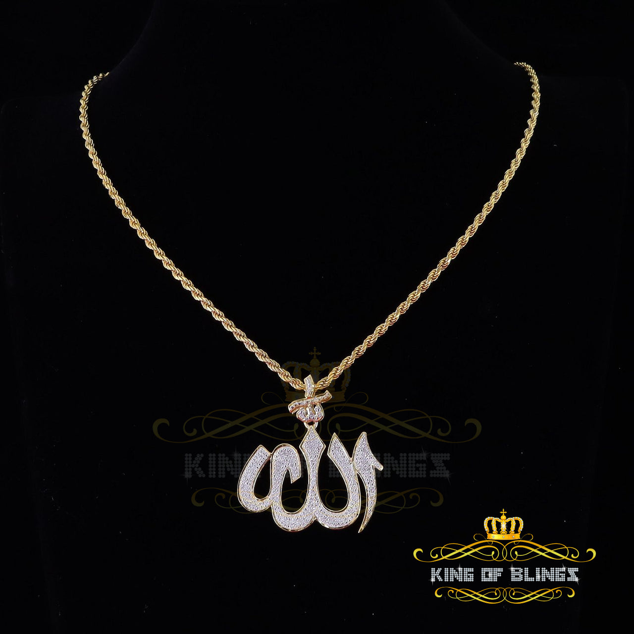 King Of Bling's Real 0.25ct Diamond Sterling Silver ALLAH Charm Necklace Pendant in Yellow