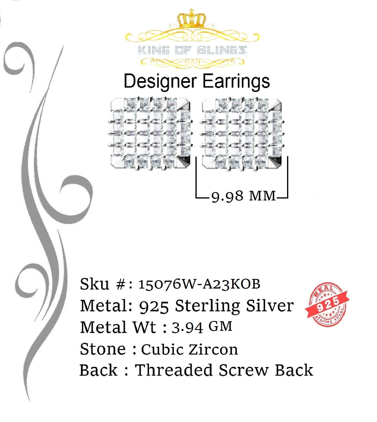 King of Blings- Cubic Zirconia 925 White Silver Screw Back1.95ct Hip Hop Square Women's Earrings KING OF BLINGS