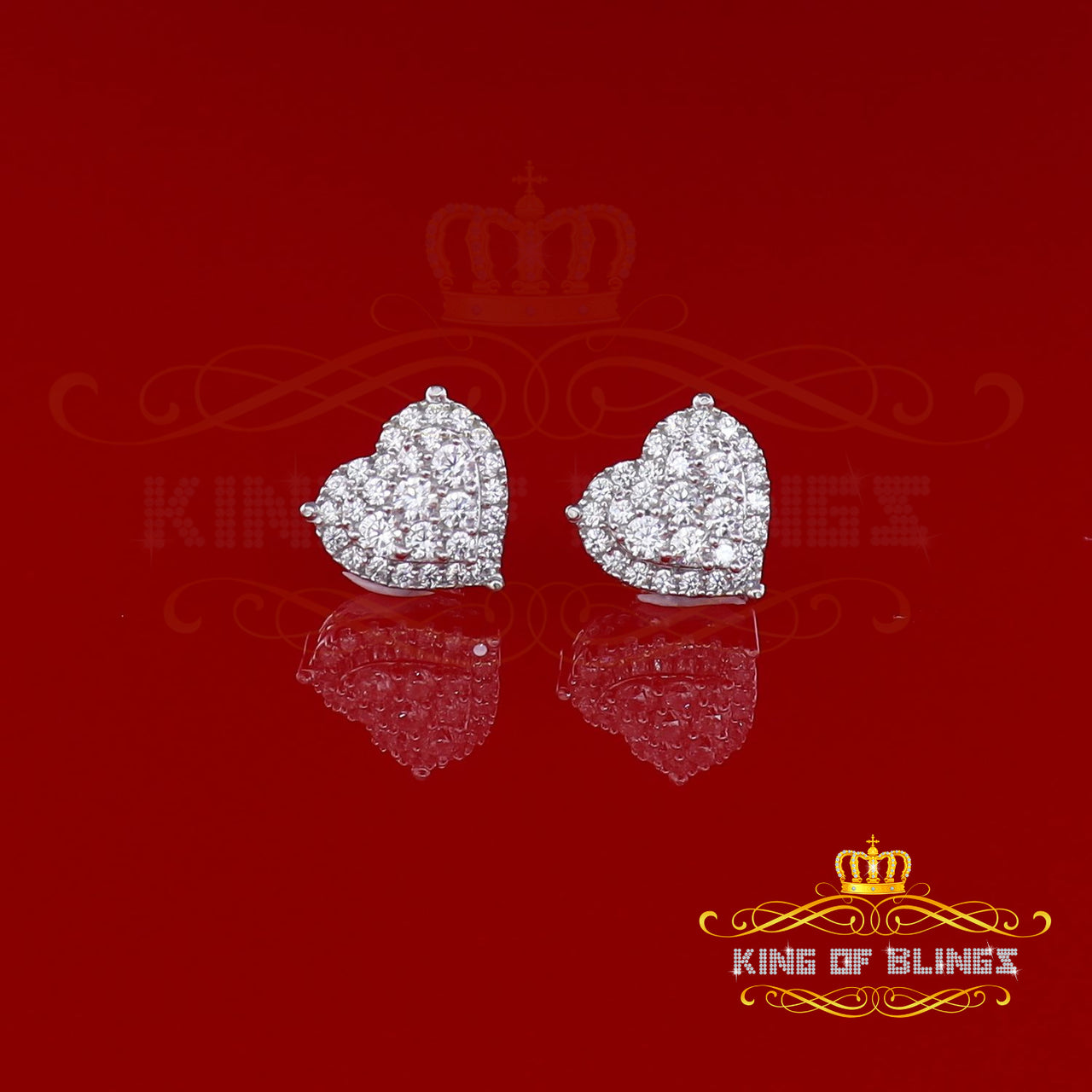 King of Bling's Aretes Para Hombre 925 White Silver 1.64ct Cubic Zirconia Heart Women's Earrings