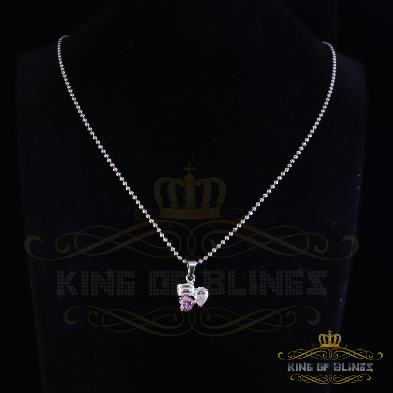 King Of Bling's New Women's White 925 Silver 3.50ct VVS 'D' Pink Moissanite Toi et Moi Pendant