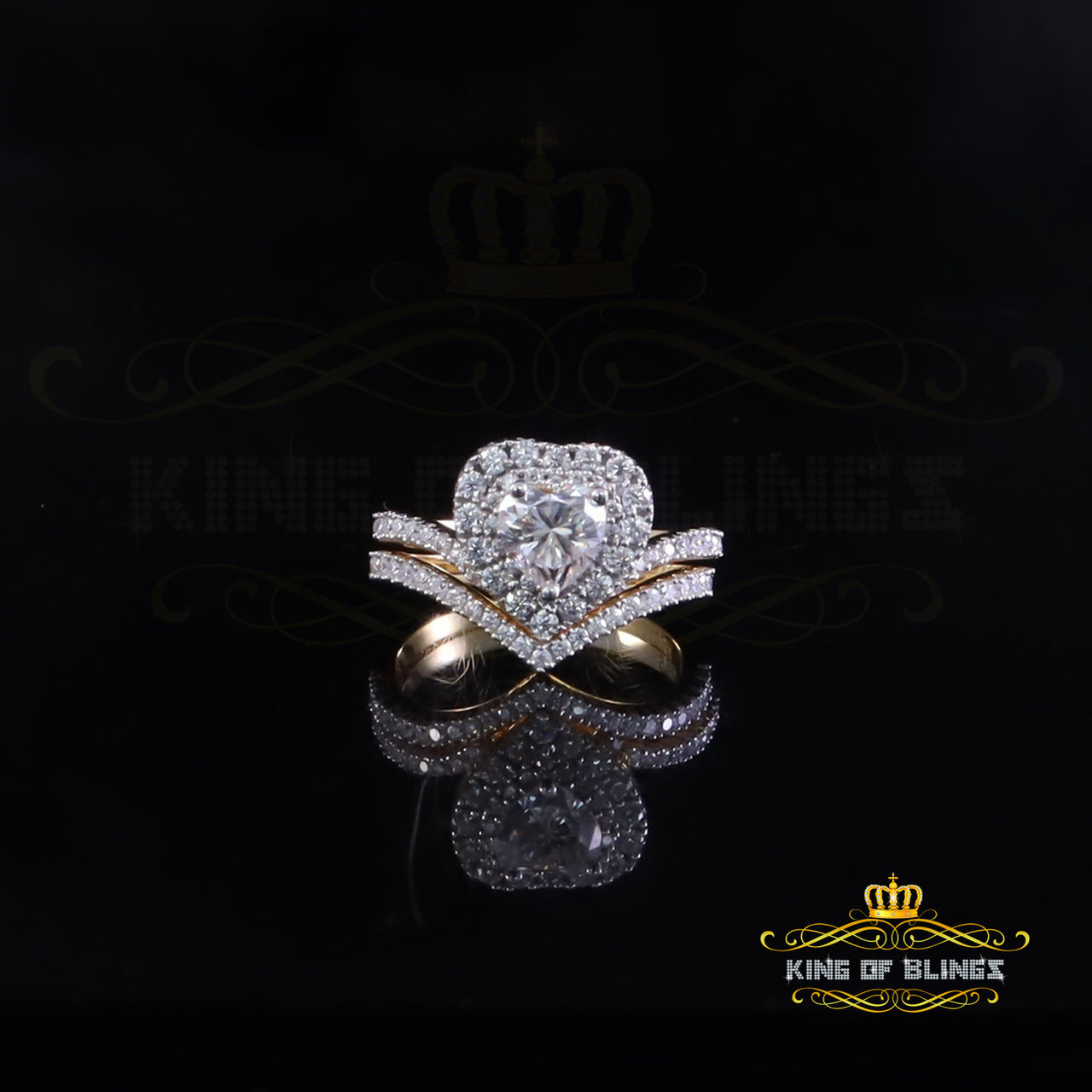 King of Bling's BRIDAL SET WEDDING 1.66ct VVS D Cl Moissanite Women Yellow Silver Heart Ring SZ7 King of Blings