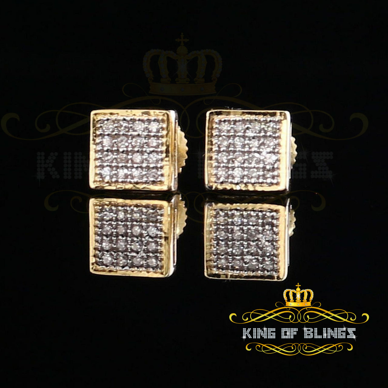King Of Bling's Real 10K Yellow Gold Square with 0.10CT Real Diamonds Men's /Womens Stud Earring