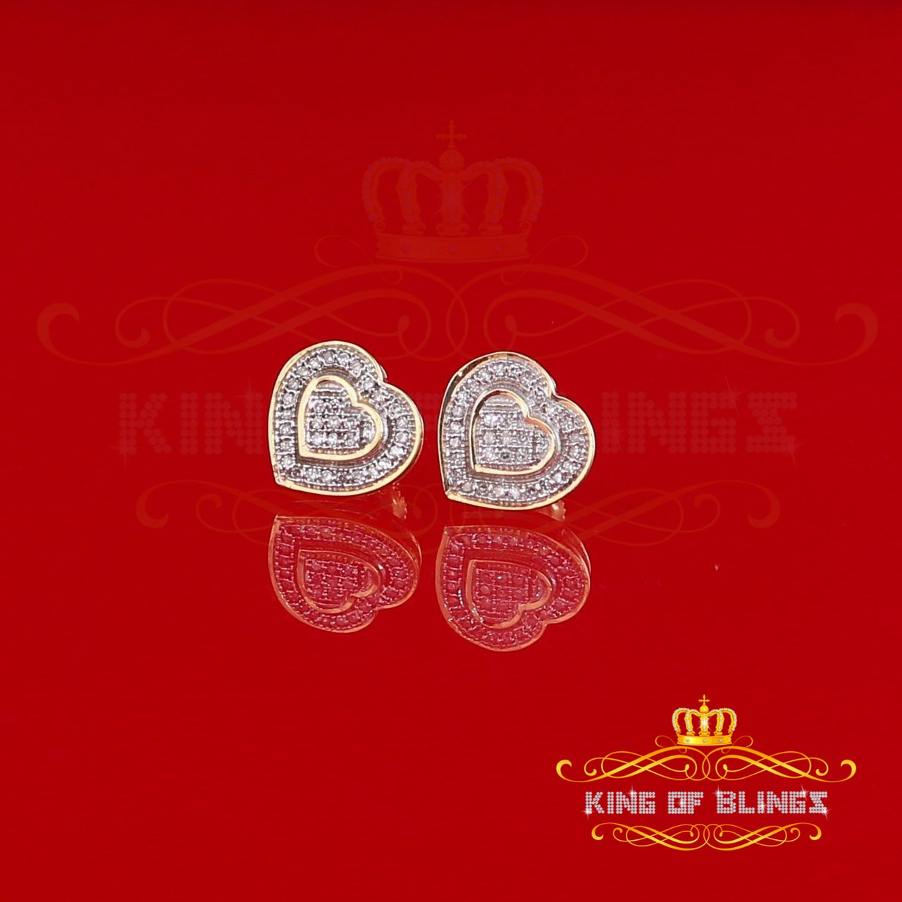 King Of Bling's 10K Real Yellow Gold Real Diamond 0.15CT Men's/Women's Stud Micro Heart Earring
