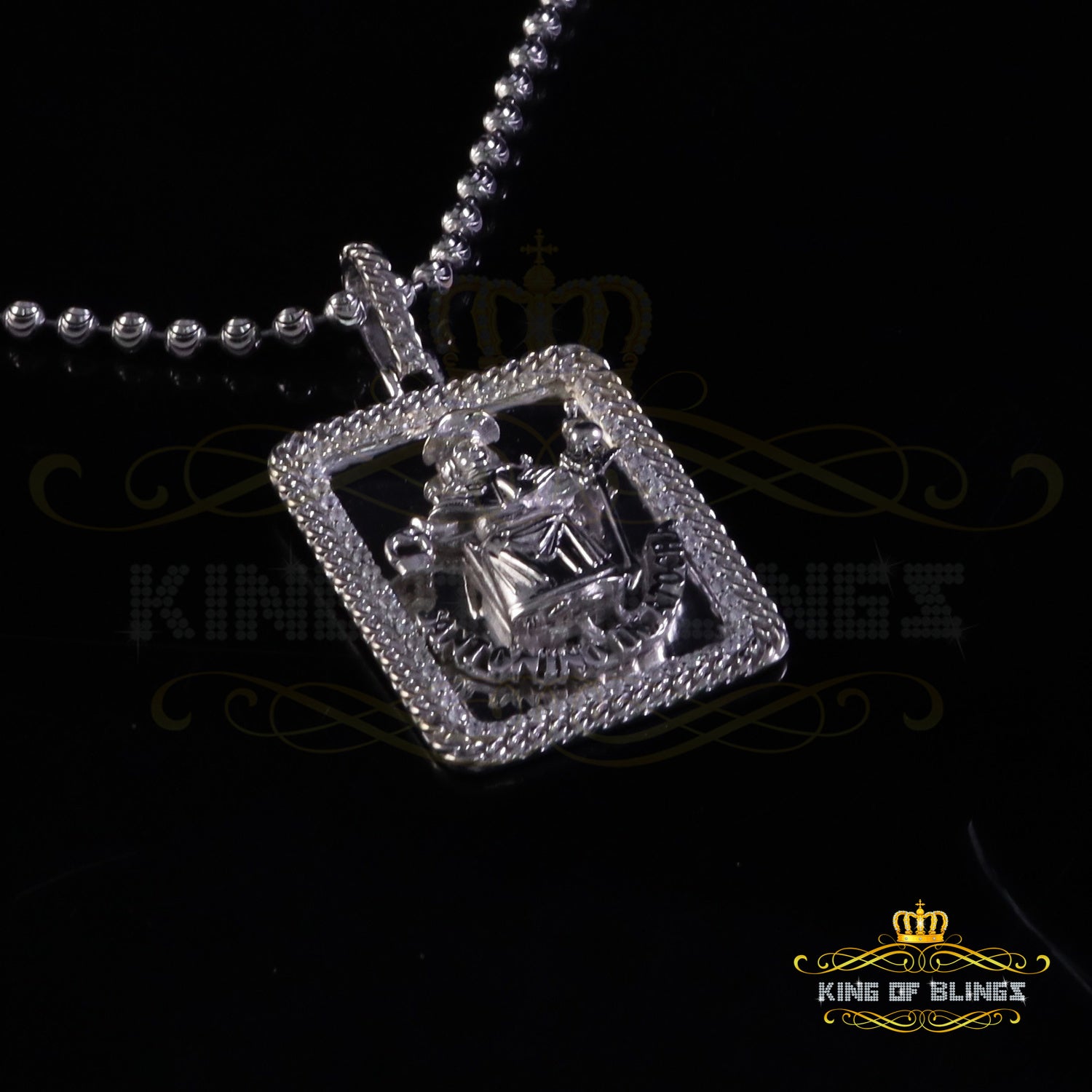 King Of Bling's Men's Square Santo Nino De Atocha 3D White '1'inch 925 Silver 0.66ct CZ Pendant KING OF BLINGS