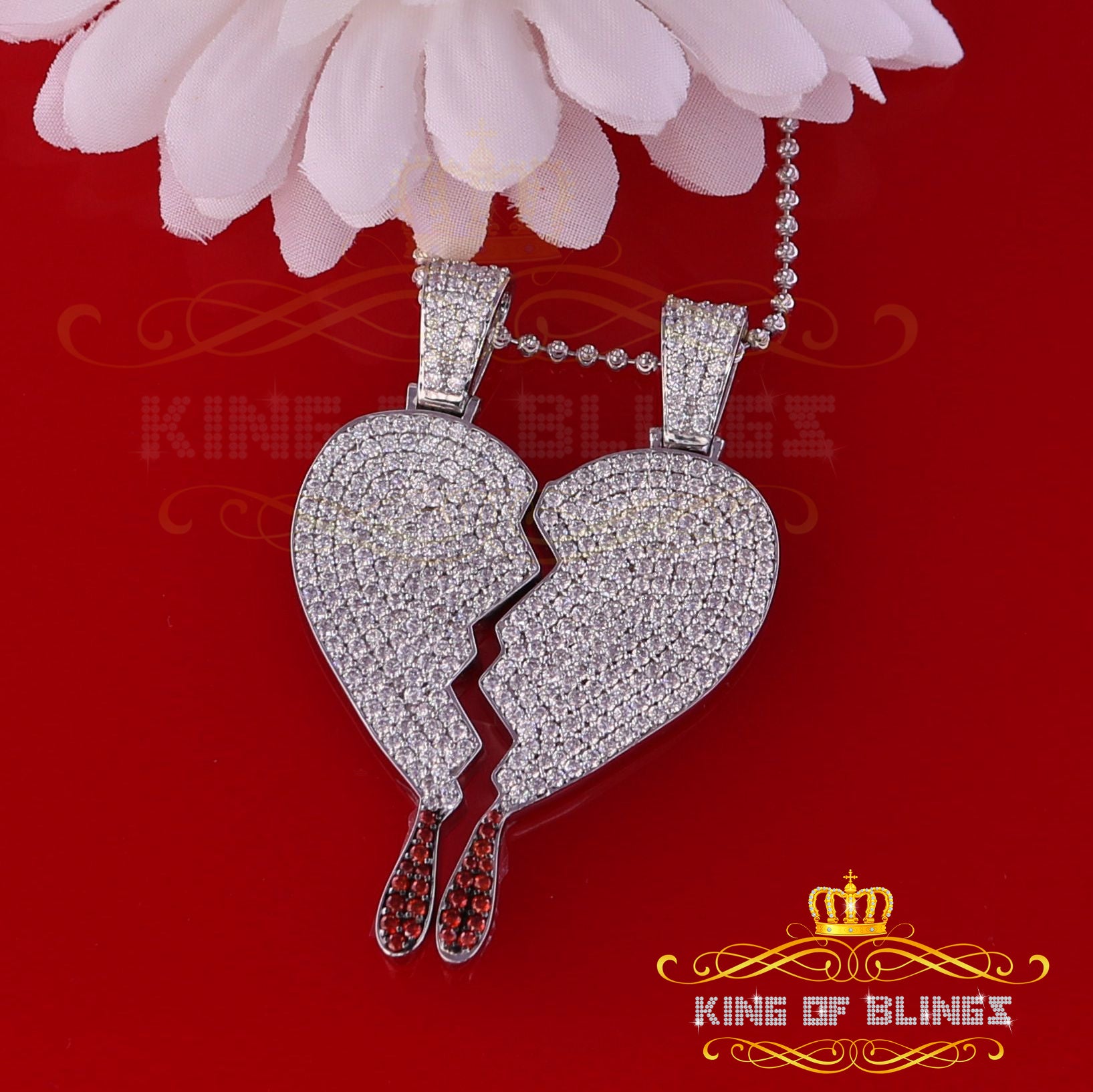 King Of Bling's White 925 Sterling Silver Broken Heart Shape Size Pendant 10.41ct Cubic Zirconia KING OF BLINGS