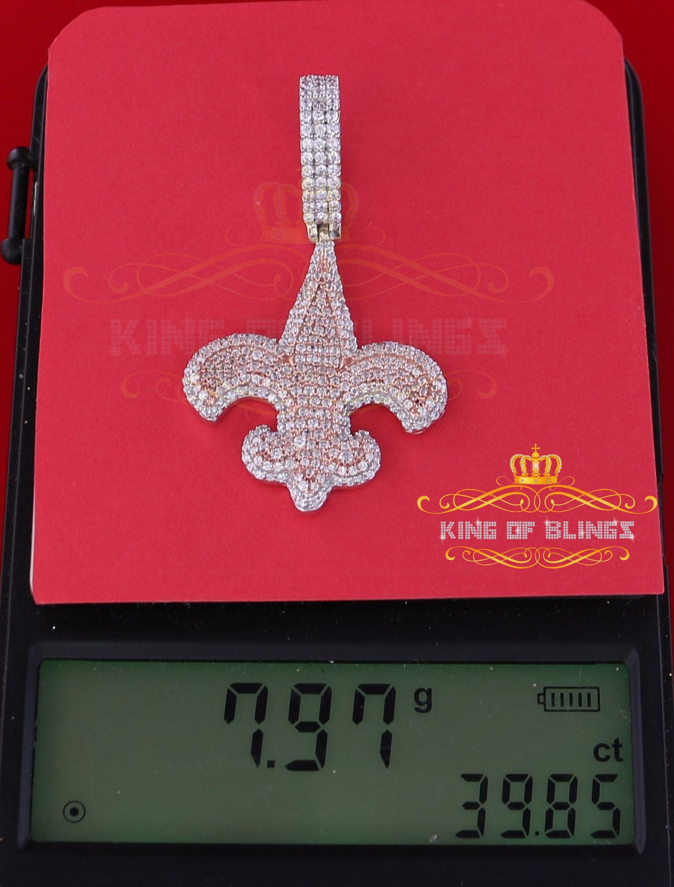 925 Sterling Rosy Silver Fleur de Lis White Pendant with 7.04ct Cubic Zirconia KING OF BLINGS