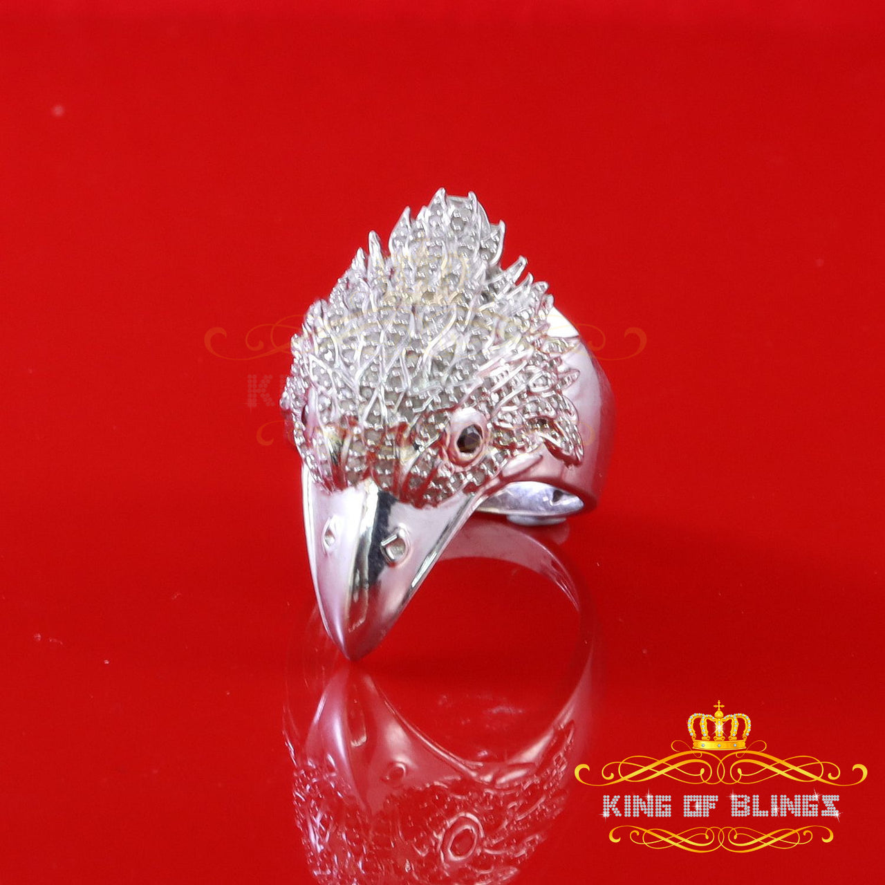 King Of Bling's Real Diamond 0.66CT Sterling Silver 925 White Raven Head Men's Big Ring Size 12