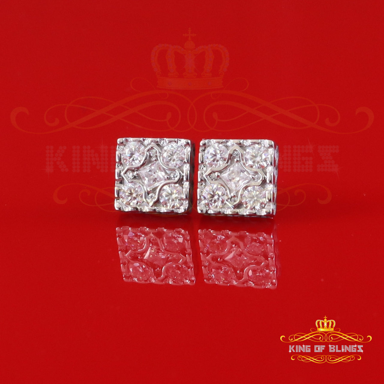 King of Bling's White Silver 1.00ct VVS 'D' Moissanite Square plus Earring Men's/Womens King of Blings