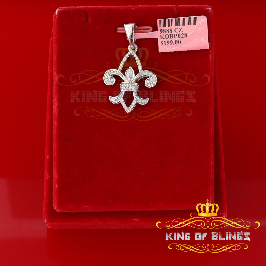 White Fleur de Lis Shape Sterling Silver Pendant with 0.78ct Cubic Zirconia KING OF BLINGS