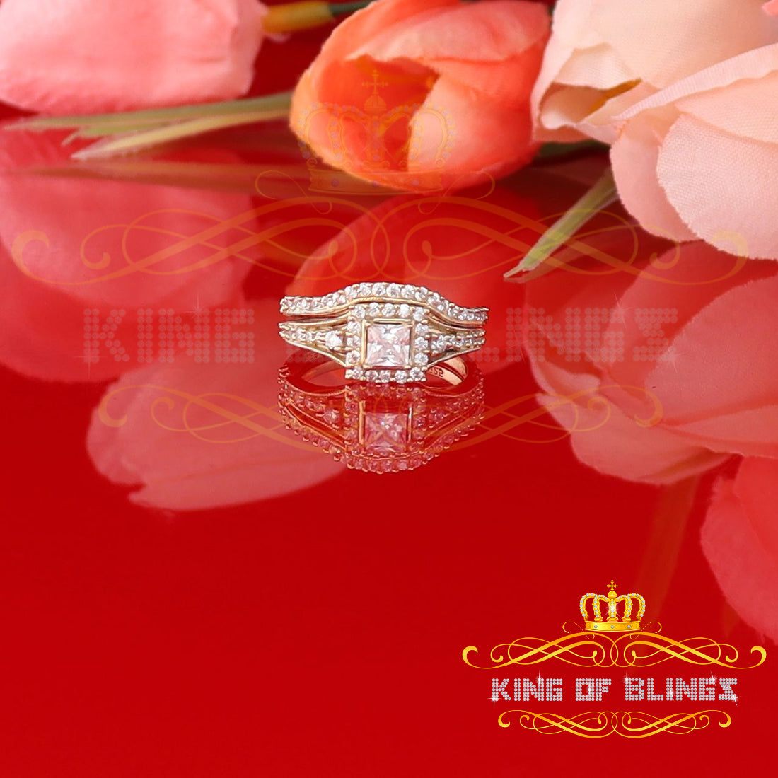King Of Bling's 925 Sterling Yellow Silver 1.68ct Cubic Zirconia Square Bridal Womens Ring Size7