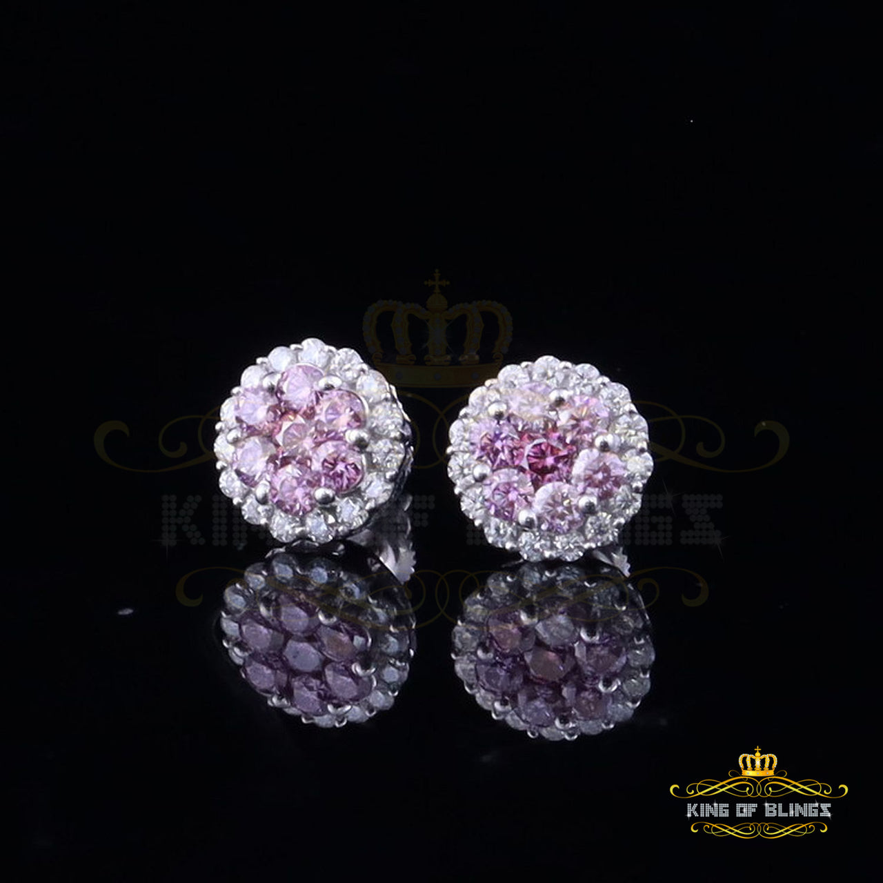 King of Bling's 925 Silver White 1.33ct VVS D Pink Moissanite Round Men's/Women's Stud Earrings