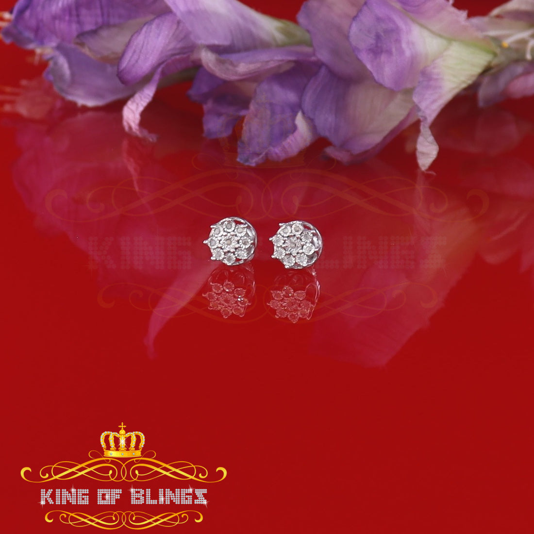 King Of Bling's 0.05ct Diamond 925 Sterling Silver White For Men's & Women's Floral Earrings KING OF BLINGS