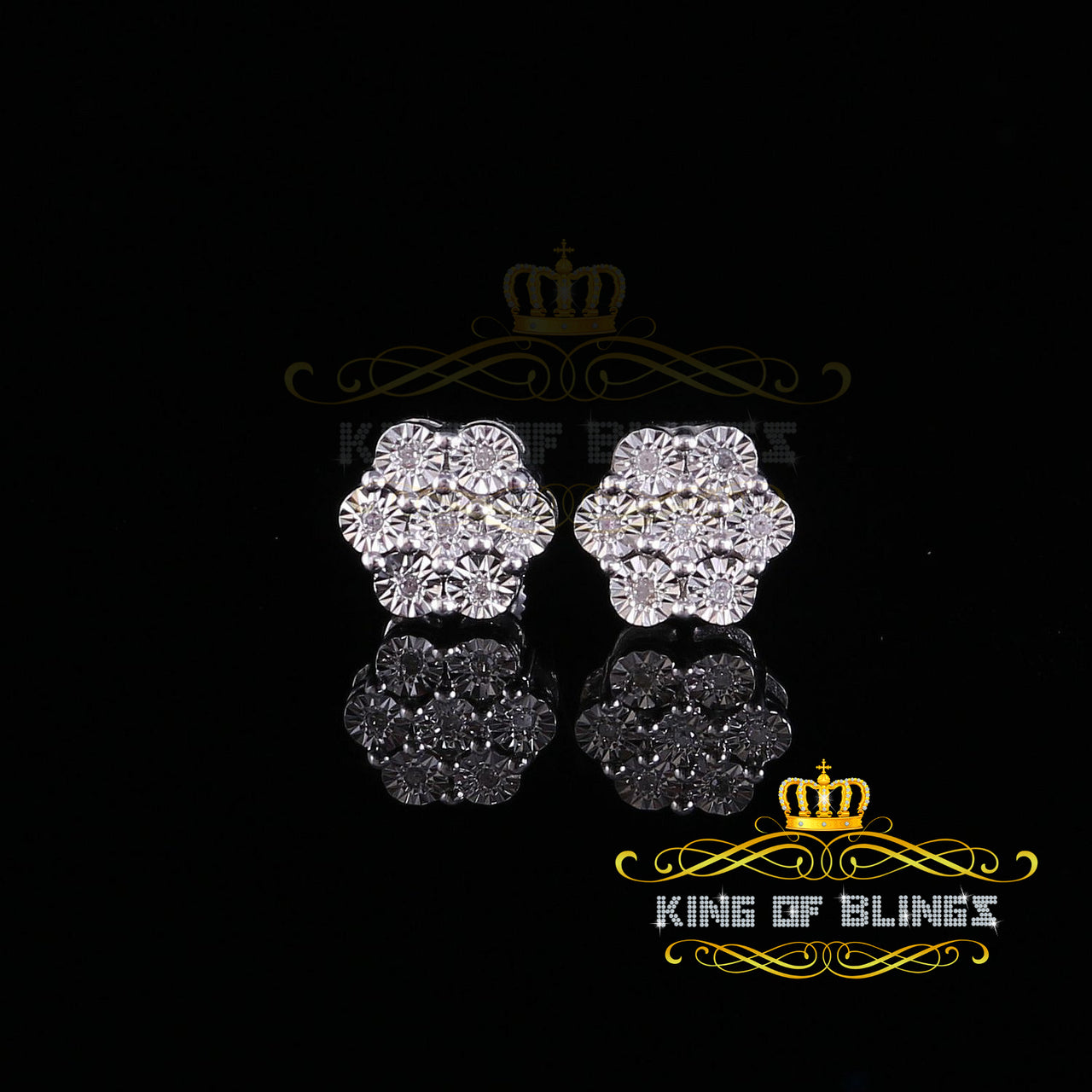King Of Bling's 0.05ct Diamond 925 Sterling Silver White Floral Style Earrings For Men / Women